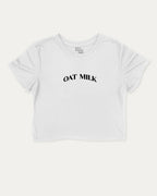 Oat Milk graphic crop tee with funny and trendy slogan print, perfect for women’s casual looks or layering. White crop t-shirt.