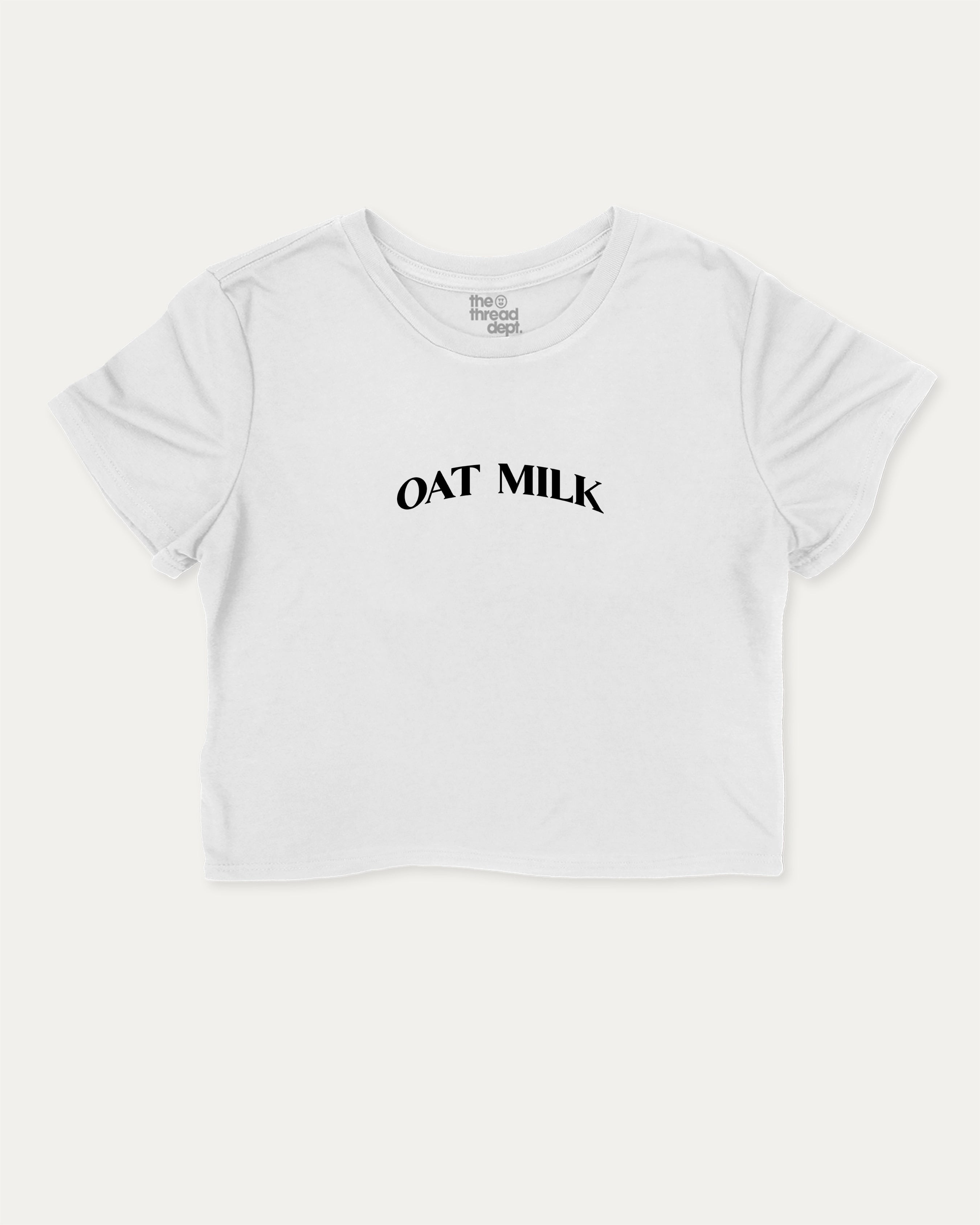Oat Milk graphic crop tee with funny and trendy slogan print, perfect for women’s casual looks or layering. White crop t-shirt.