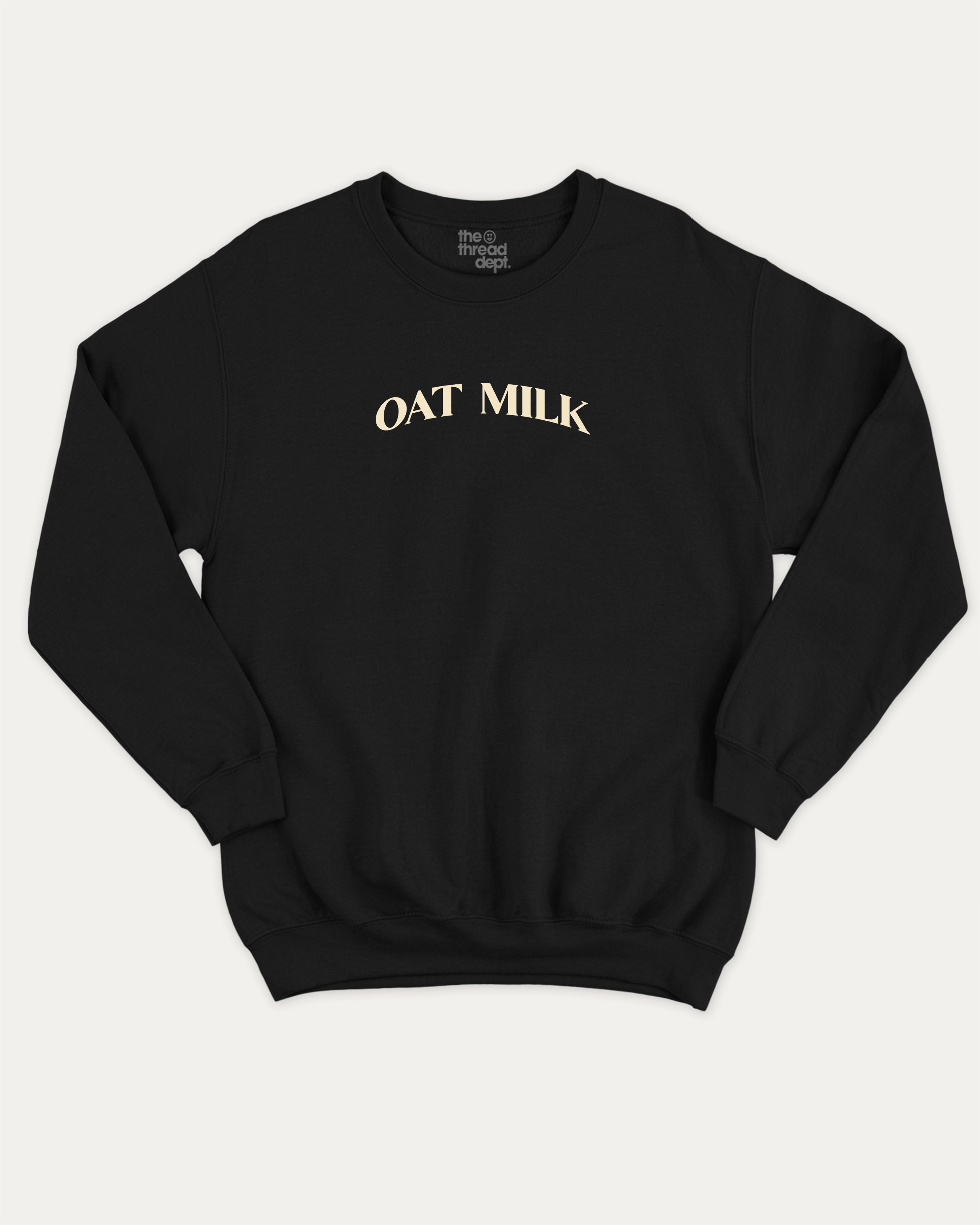 Oat Milk graphic pullover with vintage oat milk print, funny and vintage graphic for everyday wear. Perfect funny gifts for friends. Black pullover.