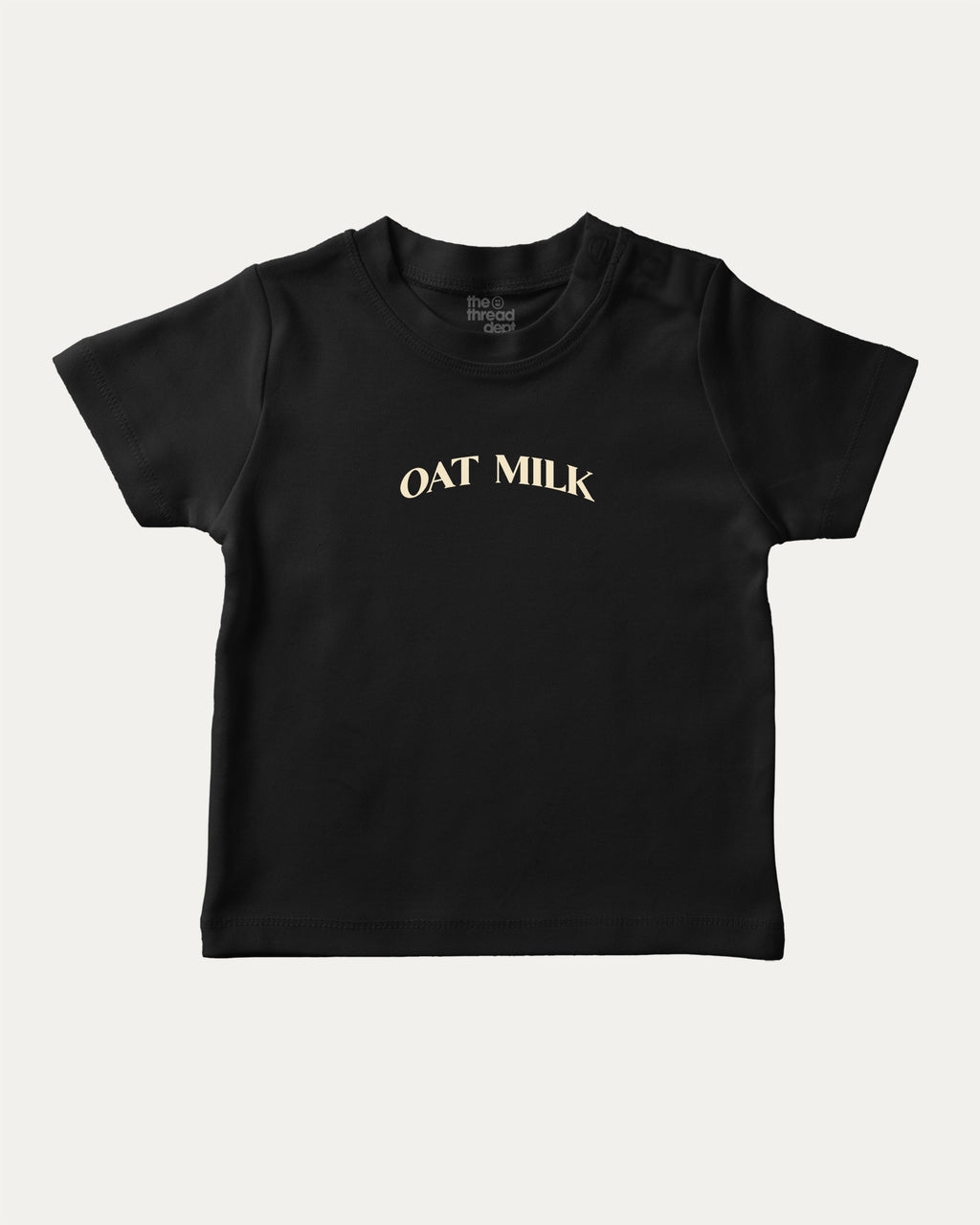 Oat Milk graphic t-shirt with bold and humorous print, funny and trendy graphic. Perfect funny gifts for friends. Black shirt.
