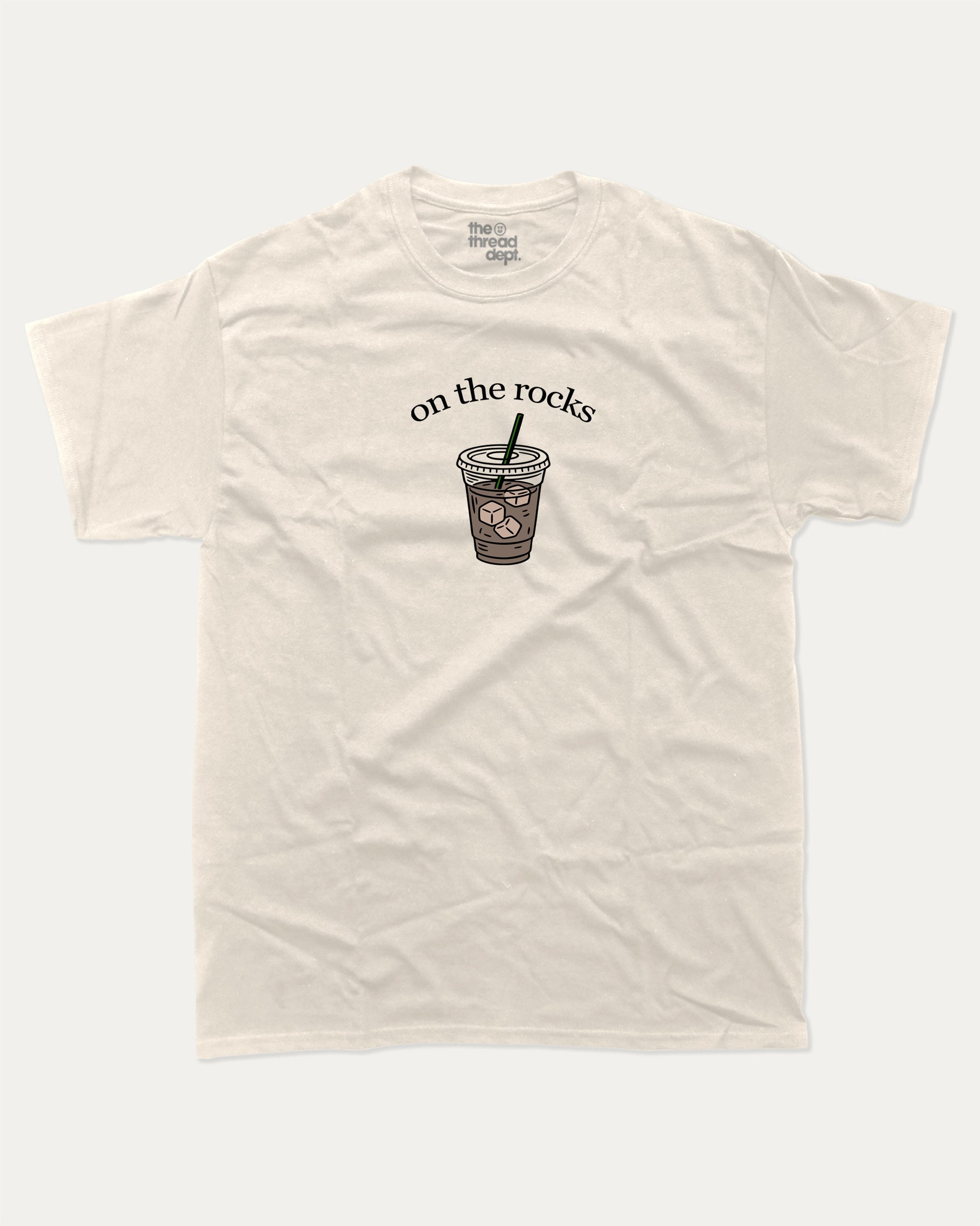 on the rocks graphic tee with bold and humorous print, Perfect Gift for Coffee Lover, Coffee Drinks Graphic T shirt,  funny and trendy graphic. Perfect for adults and gift-giving. Cream shirt.