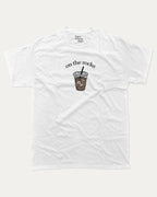 on the rocks graphic tee with bold and humorous print, Perfect Gift for Coffee Lover, Coffee Drinks Graphic T shirt,  funny and trendy graphic. Perfect for adults and gift-giving. White shirt.