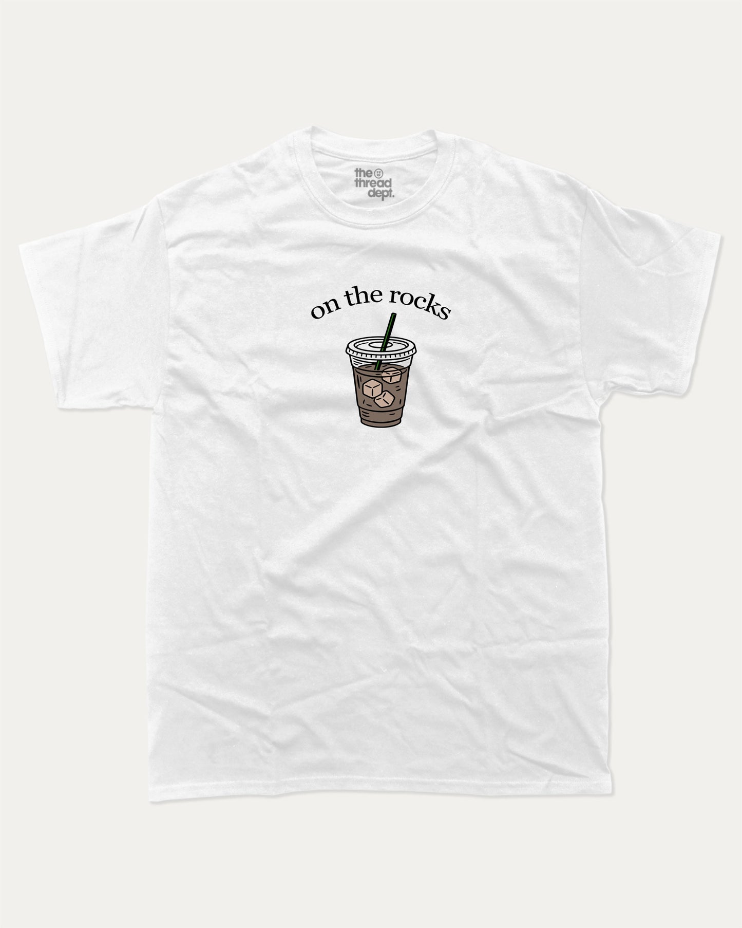 on the rocks graphic tee with bold and humorous print, Perfect Gift for Coffee Lover, Coffee Drinks Graphic T shirt,  funny and trendy graphic. Perfect for adults and gift-giving. White shirt.