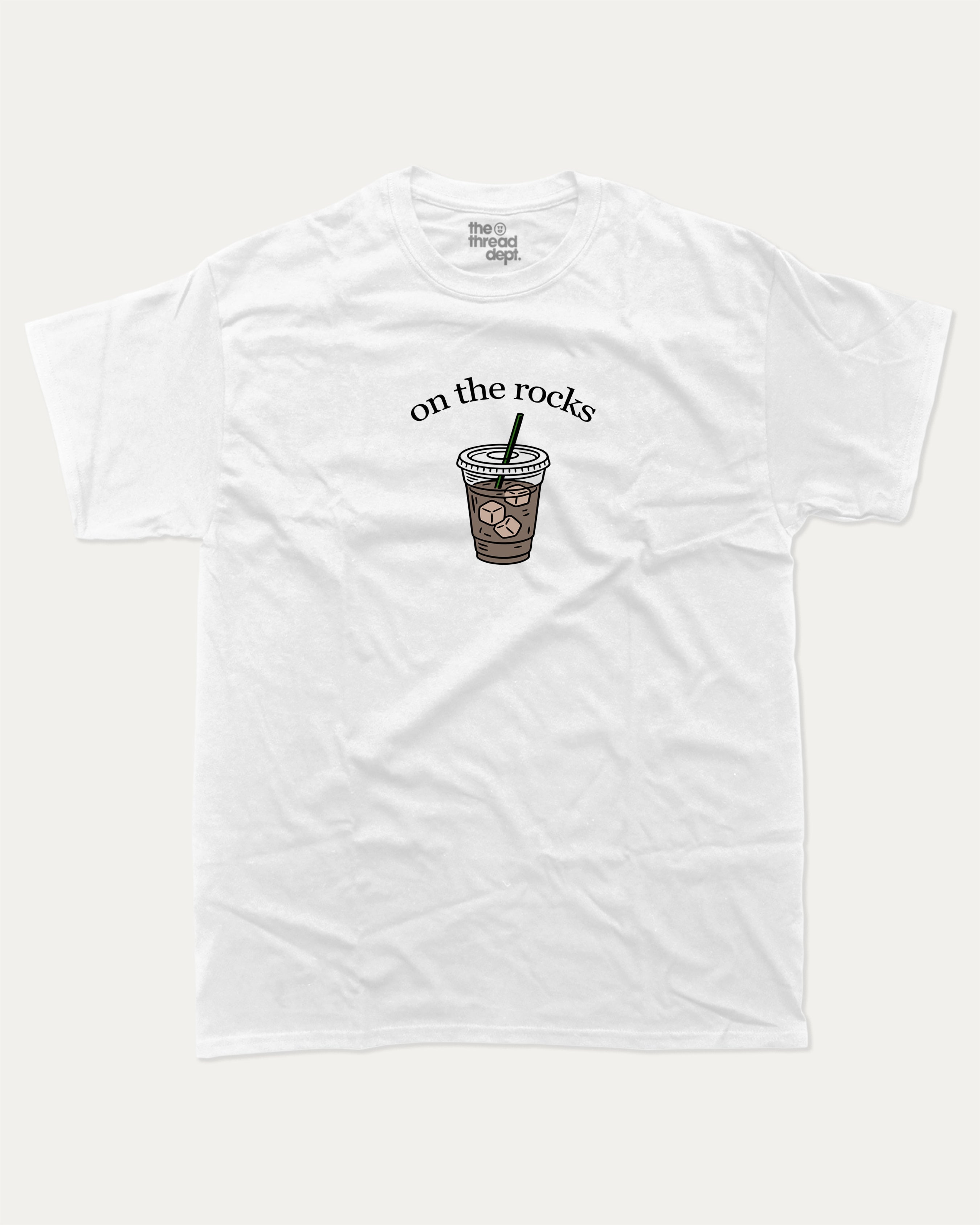 on the rocks graphic tee with bold and humorous print, Perfect Gift for Coffee Lover, Coffee Drinks Graphic T shirt,  funny and trendy graphic. Perfect for adults and gift-giving. White shirt.