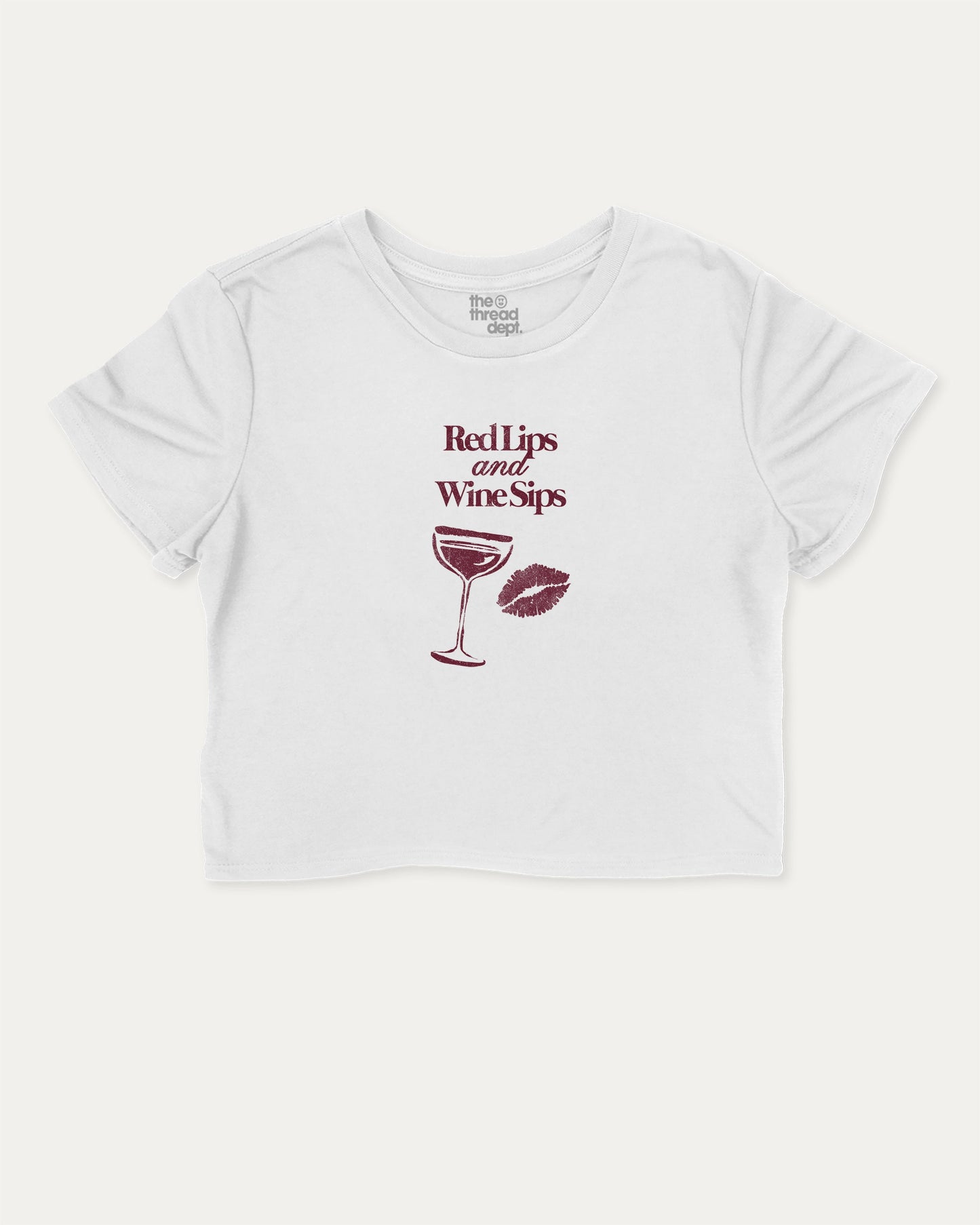 Red Lips and Wine Sips graphic crop tee with funny and trendy slogan print, perfect for women’s casual looks or layering. Gift to Wine Lover, Wine Graphic Cropped Tee,  White crop t-shirt.