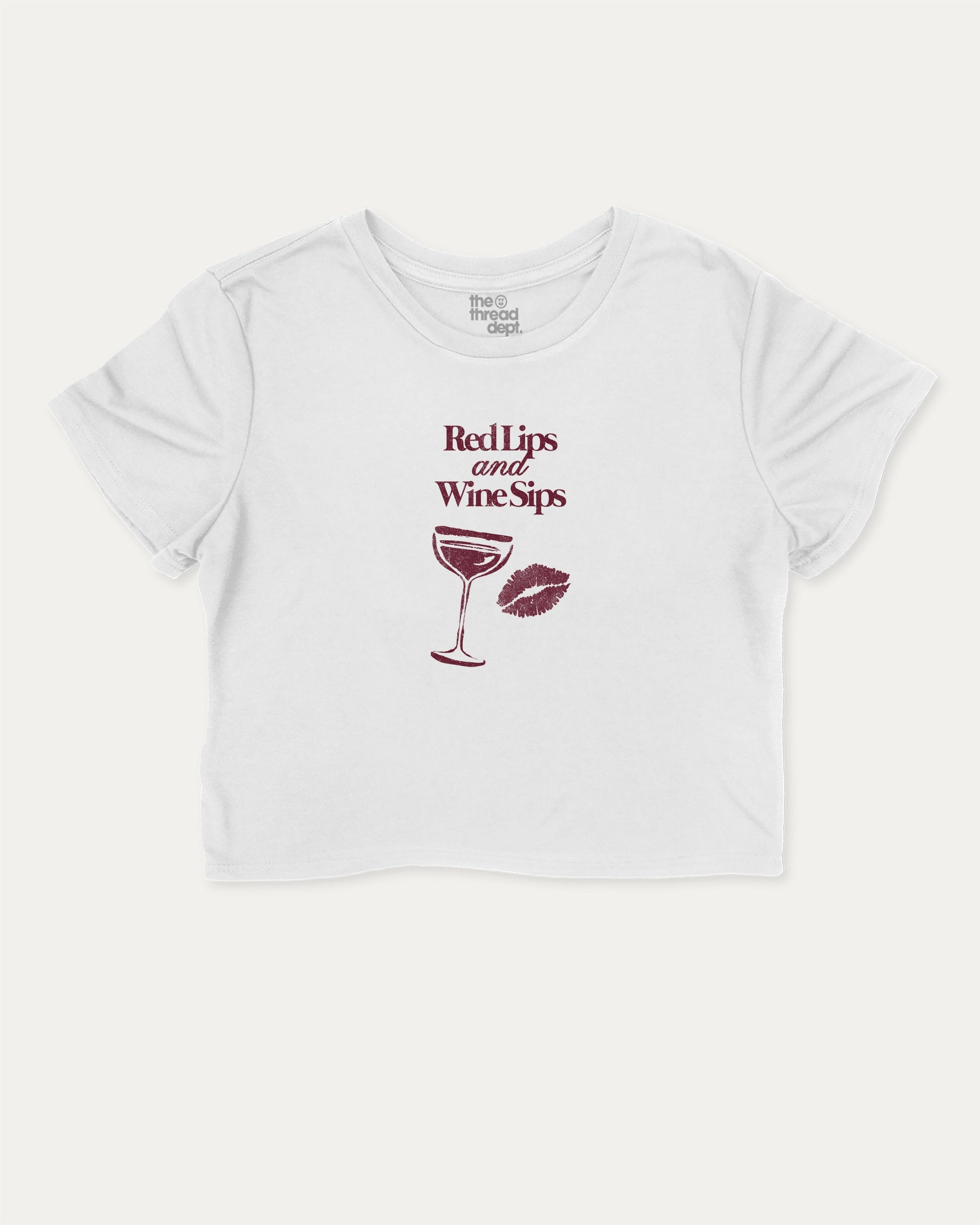 Red Lips and Wine Sips graphic crop tee with funny and trendy slogan print, perfect for women’s casual looks or layering. Gift to Wine Lover, Wine Graphic Cropped Tee,  White crop t-shirt.