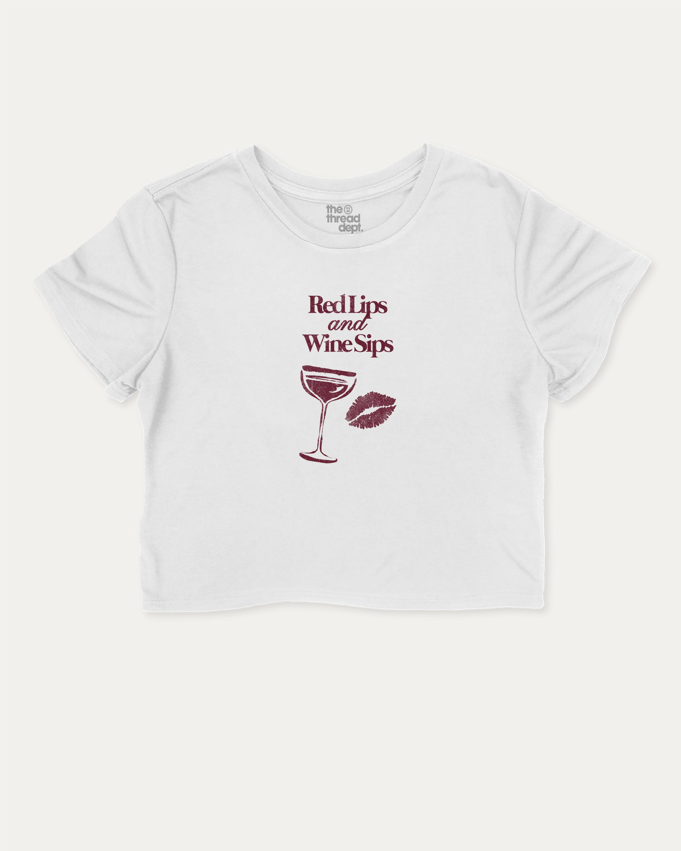 Red Lips and Wine Sips graphic crop tee with funny and trendy slogan print, perfect for women_ casual looks or layering. Gift to Wine Lover, Wine Graphic Cropped Tee,  White crop t-shirt.