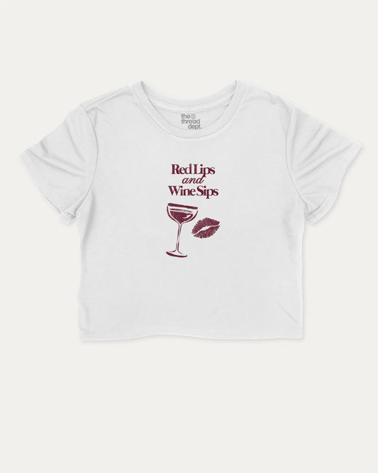 Red Lips and Wine Sips graphic crop tee with funny and trendy slogan print, perfect for women’s casual looks or layering. Gift to Wine Lover, Wine Graphic Cropped Tee,  White crop t-shirt.