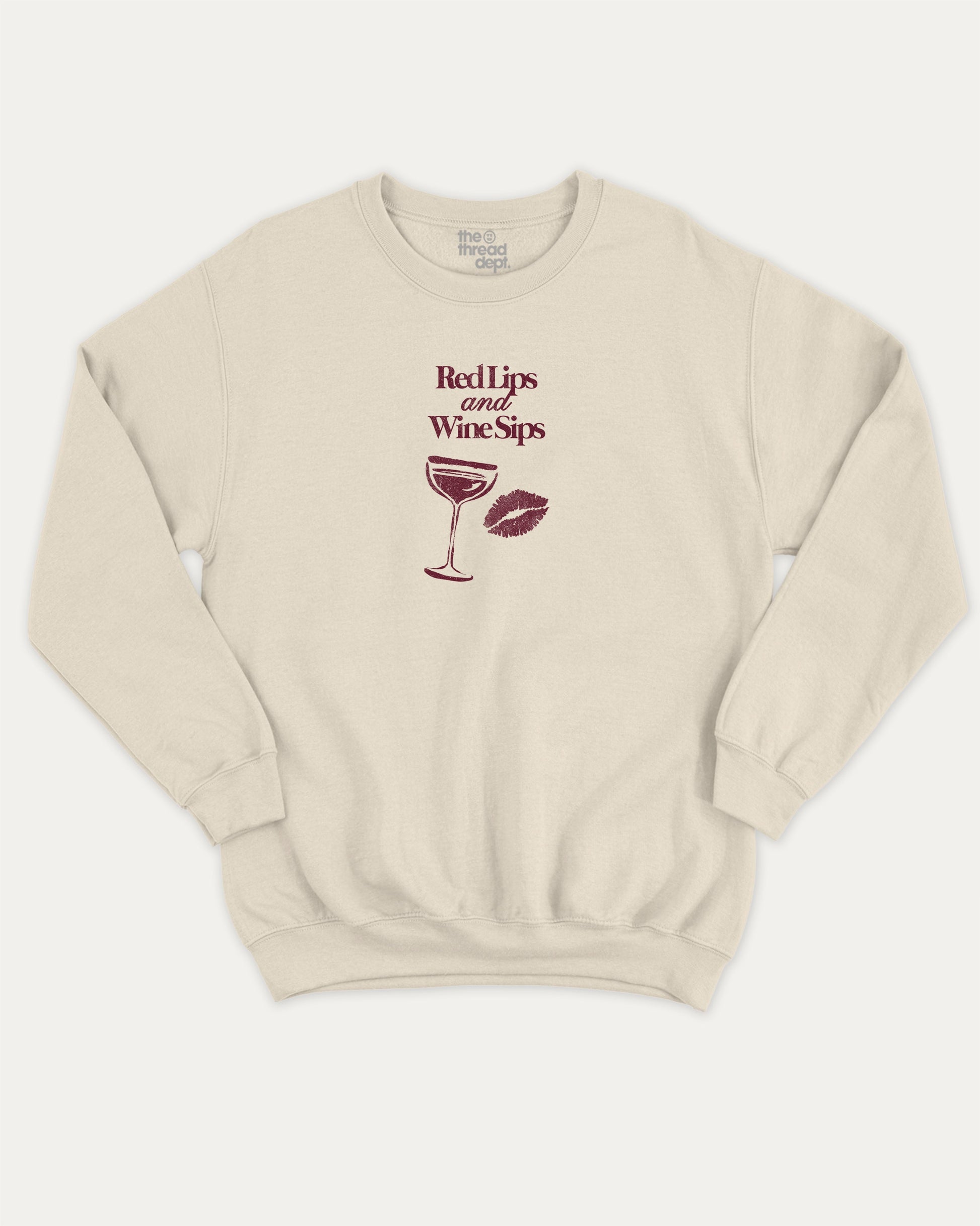 Red Lips and Wine Sips graphic sweatshirt with bold and humorous print, warm and cozy graphic for everyday wear. Gift to Wine Lover, Wine Graphic Sweatshirt,  Perfect for adults and gift-giving. Natural pullover.