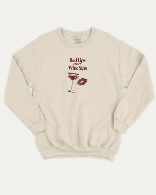 Red Lips and Wine Sips graphic sweatshirt with bold and humorous print, warm and cozy graphic for everyday wear. Gift to Wine Lover, Wine Graphic Sweatshirt,  Perfect for adults and gift-giving. Natural pullover.