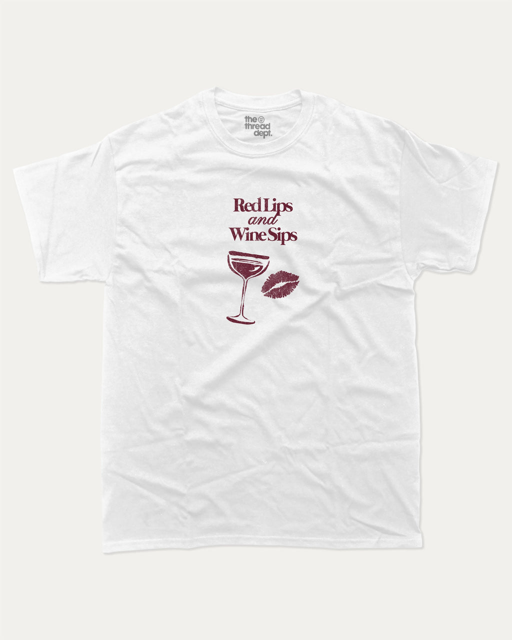Red Lips and Wine Sips graphic tee with bold and humorous print, funny and trendy graphic. Gift to Wine Lover, Wine Graphic T shirt,  Perfect for adults and gift-giving. White shirt.