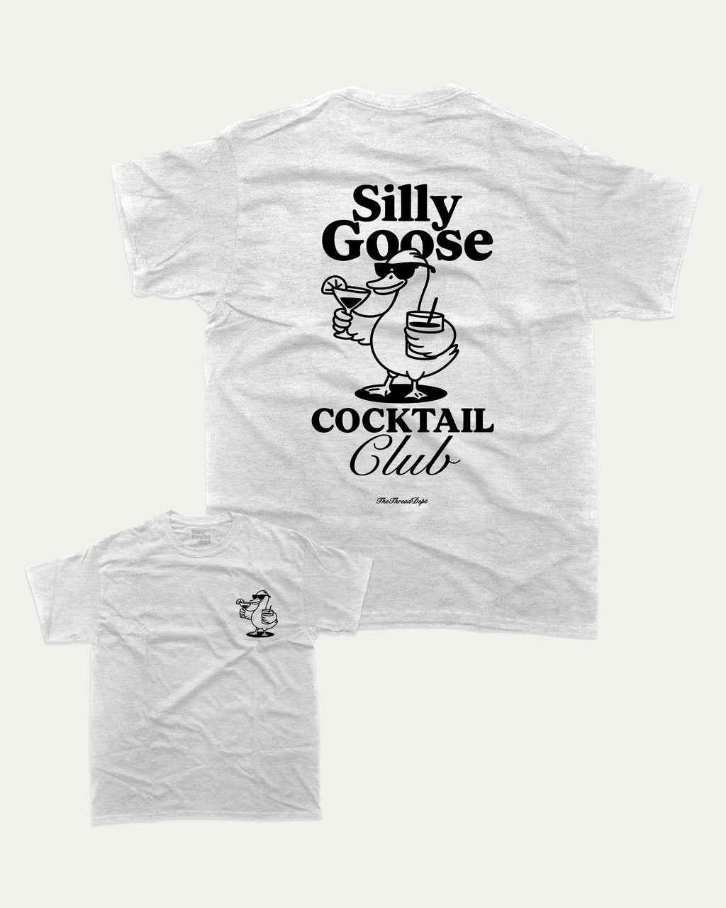 Silly Goose Cocktail Club graphic t-shirt, Funny teenager gifts. A must-have funny drinks tee, cocktail graphic shirt, unique gift idea. Ash Grey .
