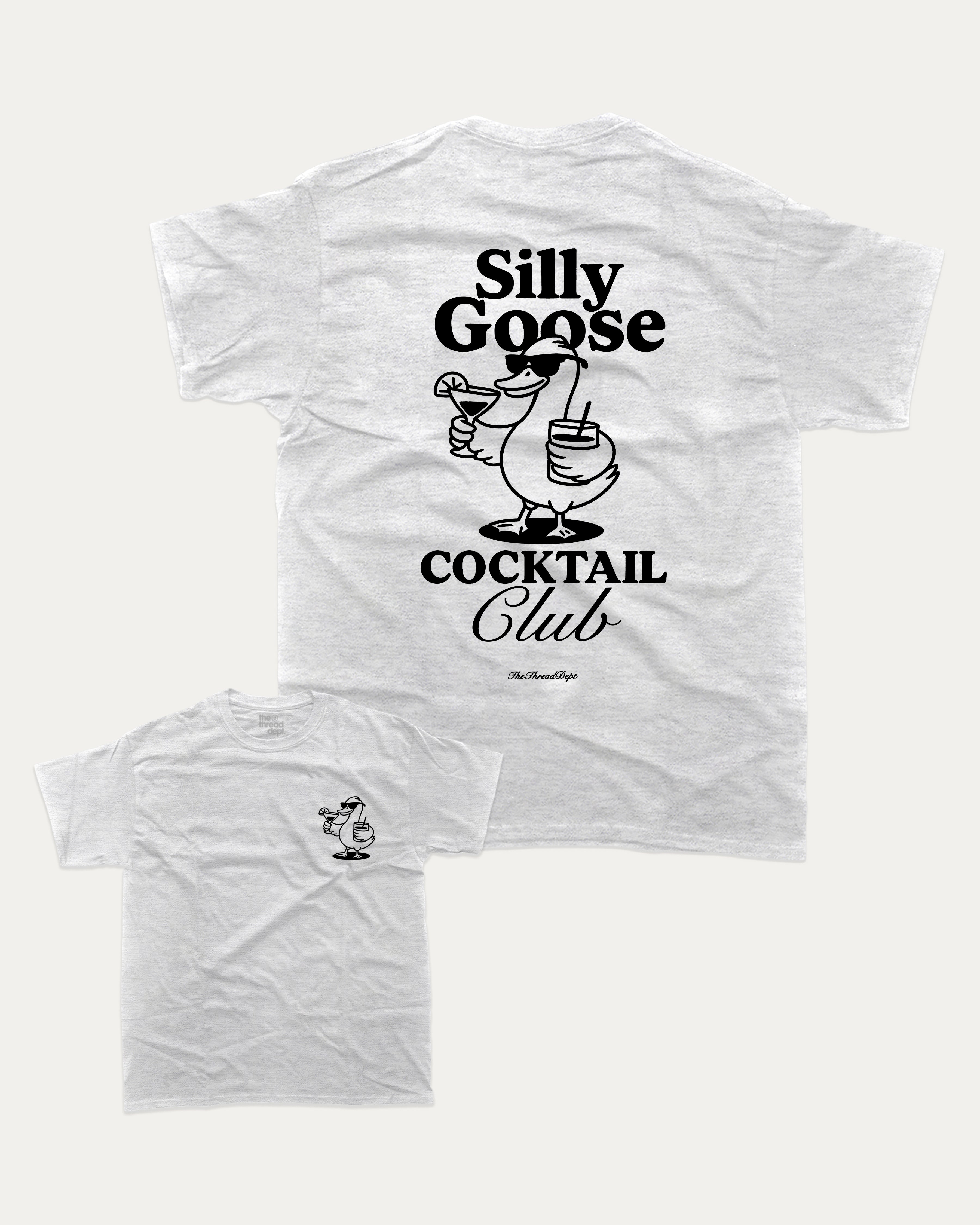 Silly Goose Cocktail Club graphic t-shirt, Funny teenager gifts. A must-have funny drinks tee, cocktail graphic shirt, unique gift idea. Ash Grey .