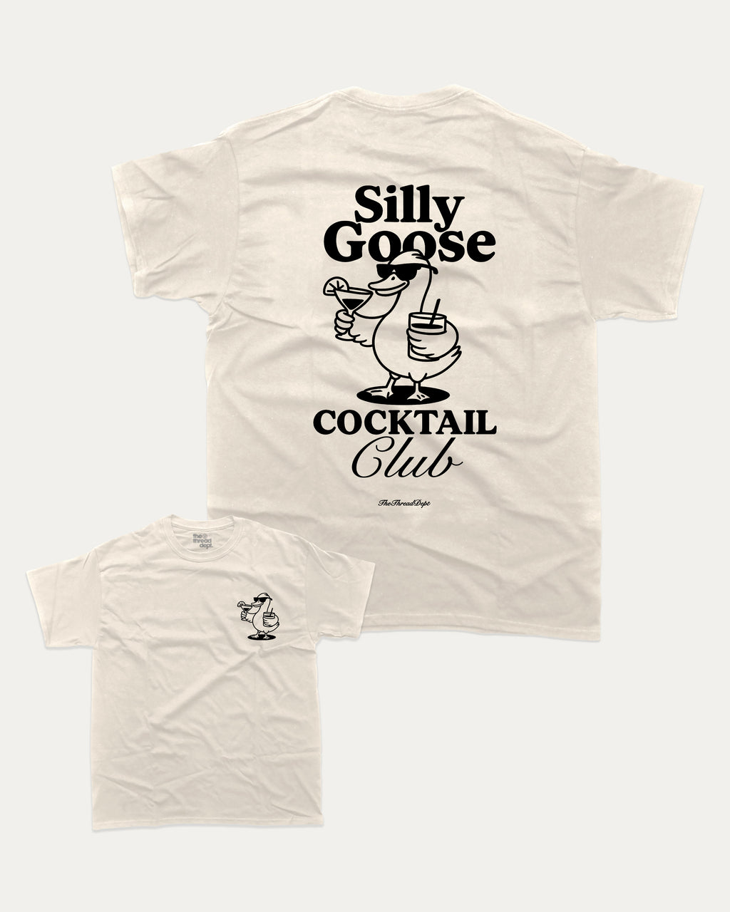 Silly Goose Cocktail Club graphic t-shirt, Funny teenager gifts. A must-have funny drinks tee, cocktail graphic shirt, unique gift idea. Cream.