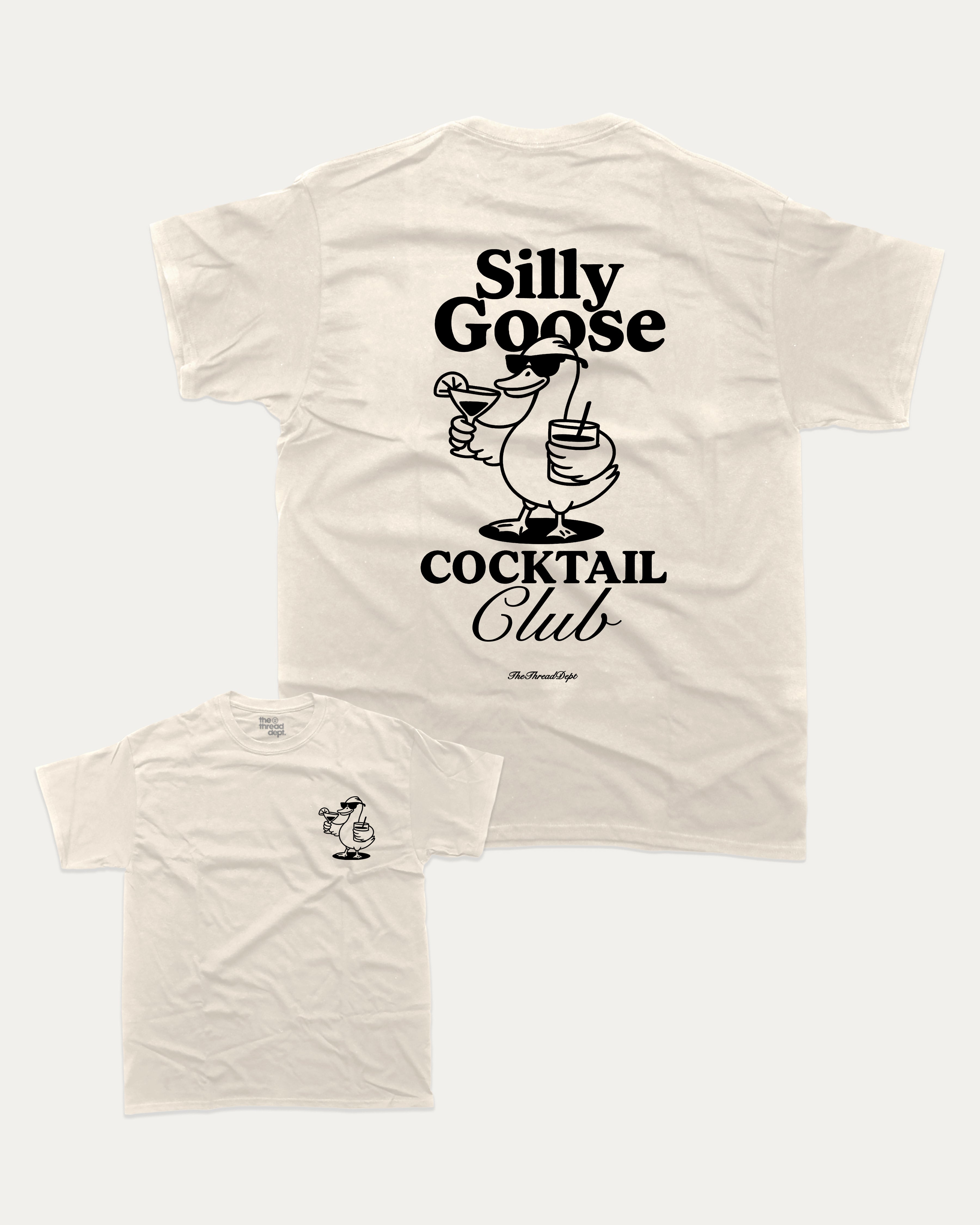 Silly Goose Cocktail Club graphic t-shirt, Funny teenager gifts. A must-have funny drinks tee, cocktail graphic shirt, unique gift idea. Cream.