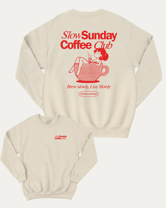 Slow Sunday Coffee graphic sweatshirt with vintage retro car graphic, warm and cozy graphic for everyday wear. Perfect for adults and gift-giving. Natural pullover.