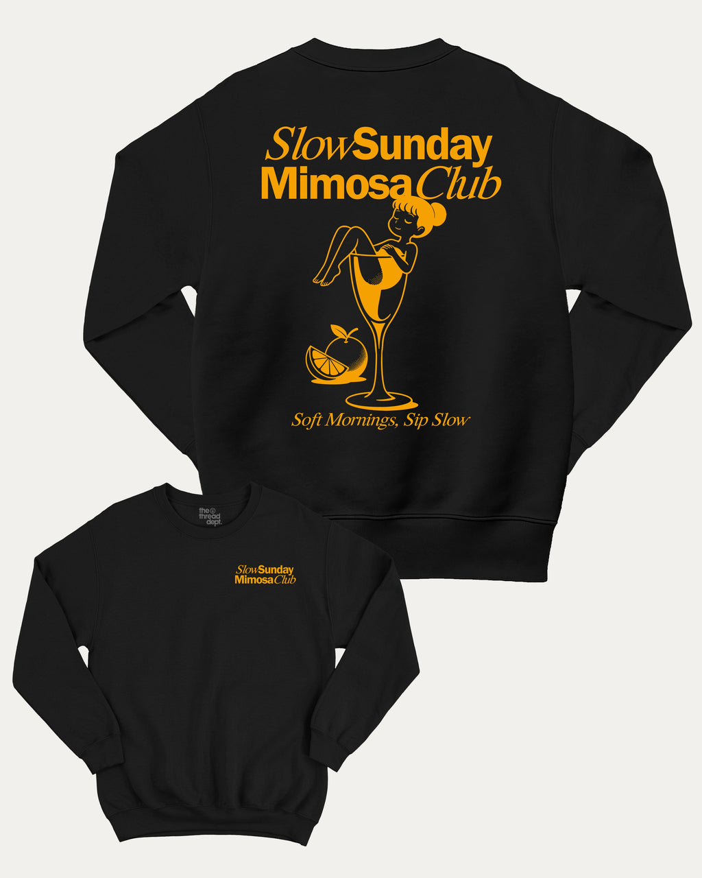 Slow Sunday Mimosa Club graphic sweatshirt with bold and humorous print, Funny Alcohol Graphic T shirt, Alcoholic Beverage Graphic T shirt, warm and cozy graphic for everyday wear. Perfect for adults and gift-giving. Black pullover.