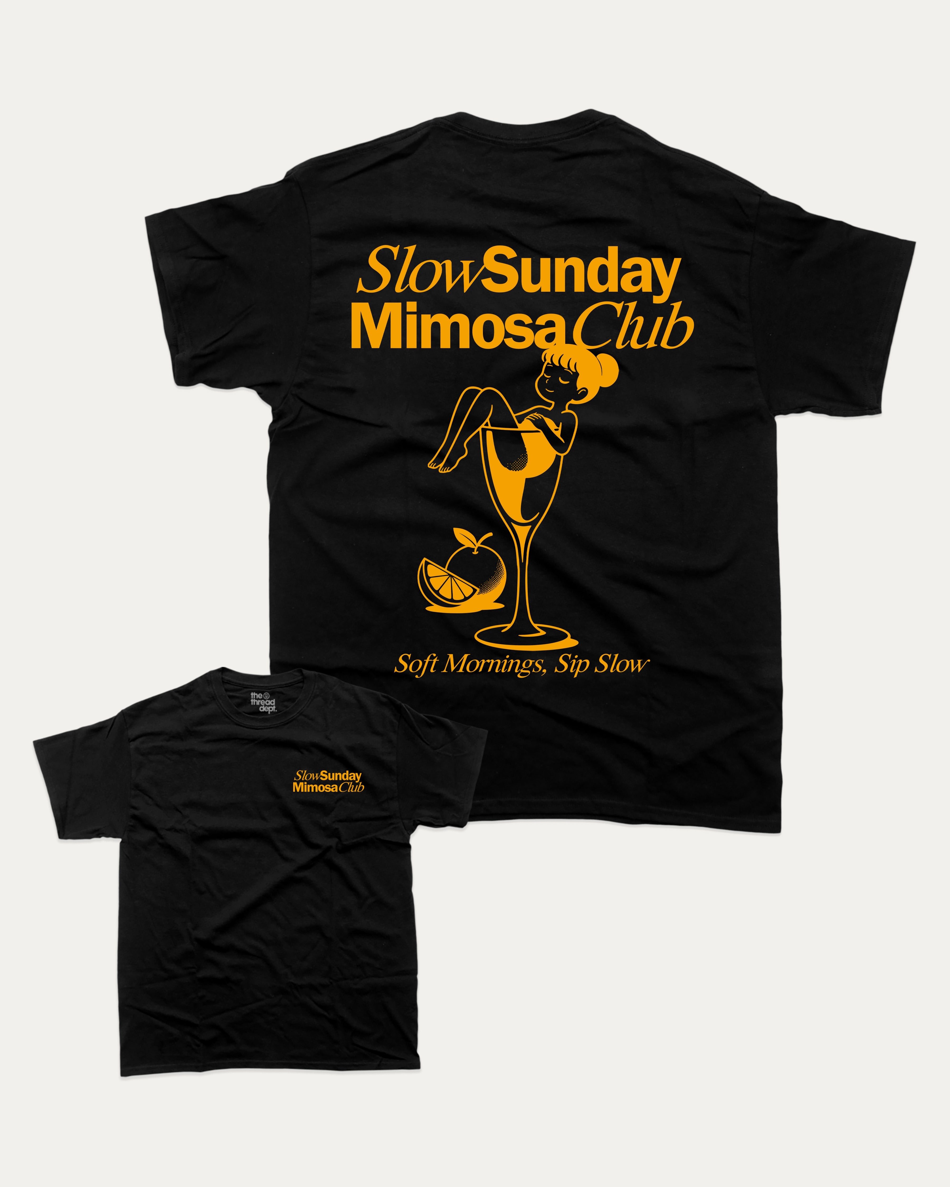 Slow Sunday Mimosa Club graphic tee with bold and humorous print, Funny Alcohol Graphic T shirt, Alcoholic Beverage Graphic T shirt, funny and trendy graphic. Perfect for adults and gift-giving. Black shirt.