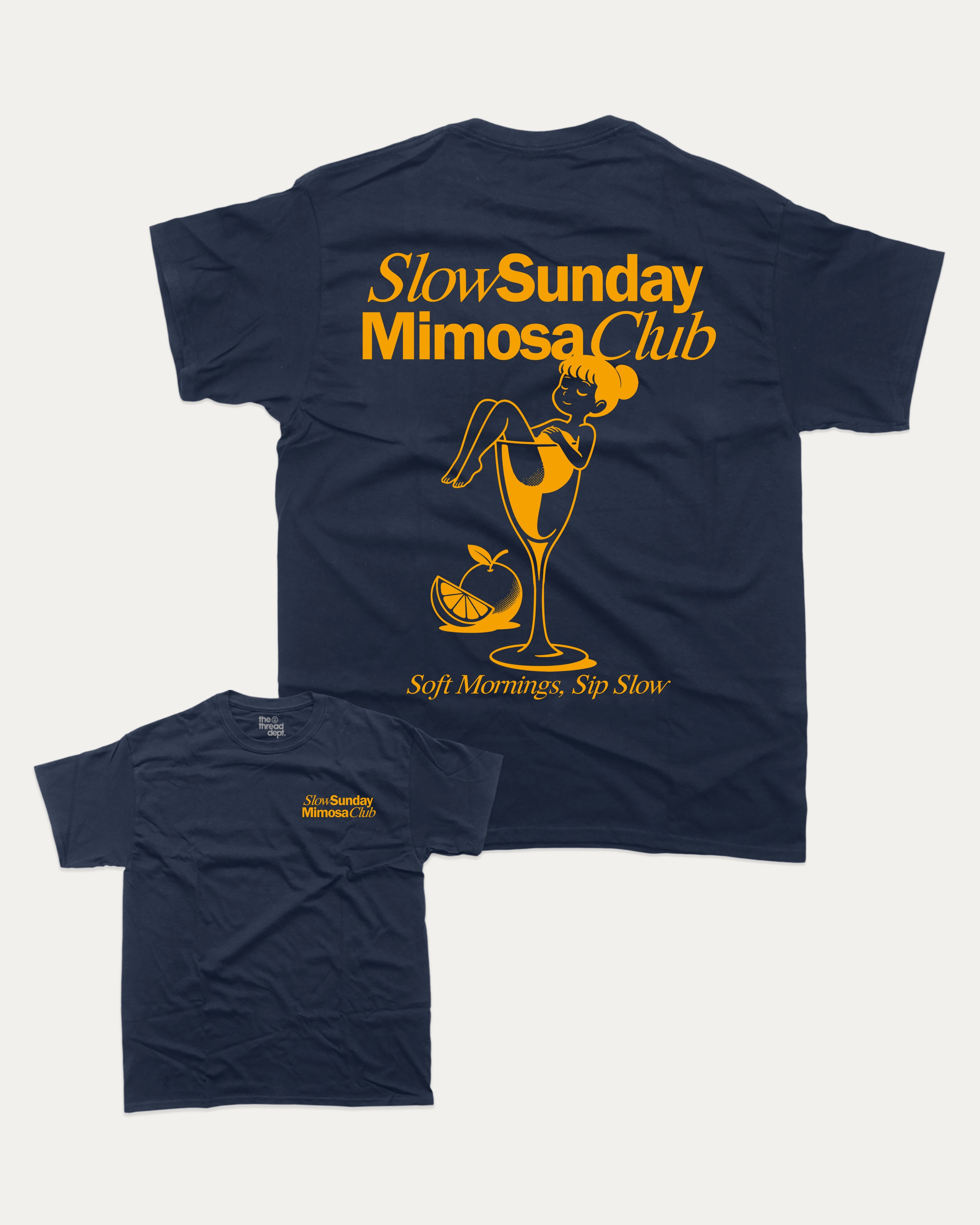 Slow Sunday Mimosa Club graphic tee with bold and humorous print, Funny Alcohol Graphic T shirt, Alcoholic Beverage Graphic T shirt, funny and trendy graphic. Perfect for adults and gift-giving. True Navy shirt.