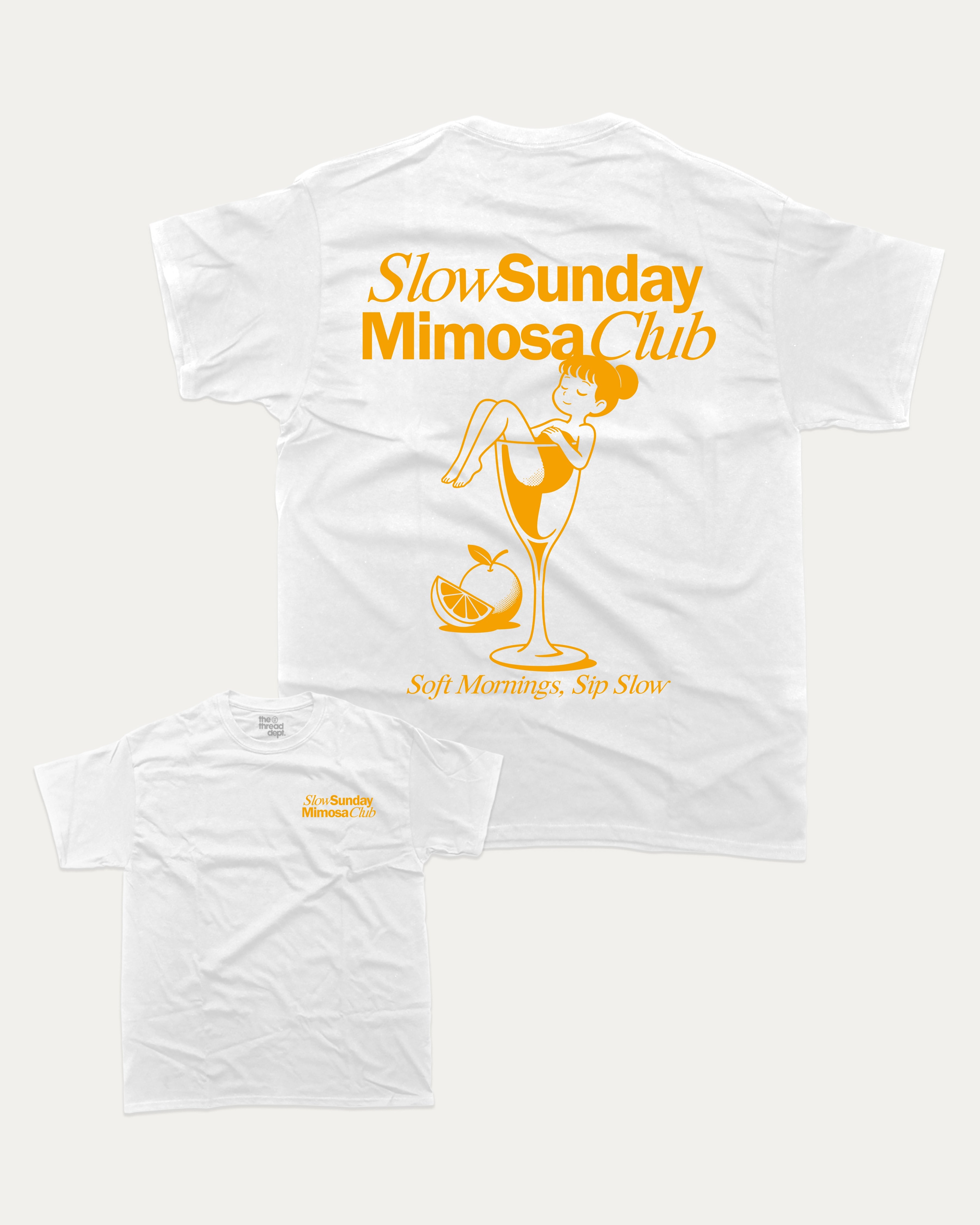 Slow Sunday Mimosa Club graphic tee with bold and humorous print, Funny Alcohol Graphic T shirt, Alcoholic Beverage Graphic T shirt, funny and trendy graphic. Perfect for adults and gift-giving. White shirt.