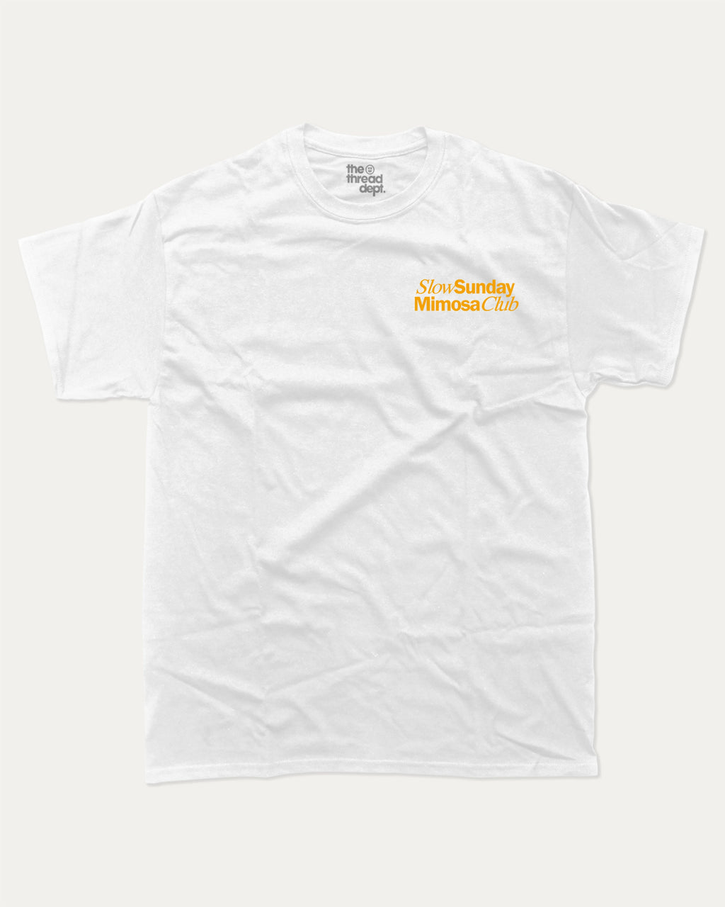 Slow Sunday Mimosa Club graphic tee with bold and humorous print, Funny Alcohol Graphic T shirt, Alcoholic Beverage Graphic T shirt, funny and trendy graphic. Perfect for adults and gift-giving. White shirt.