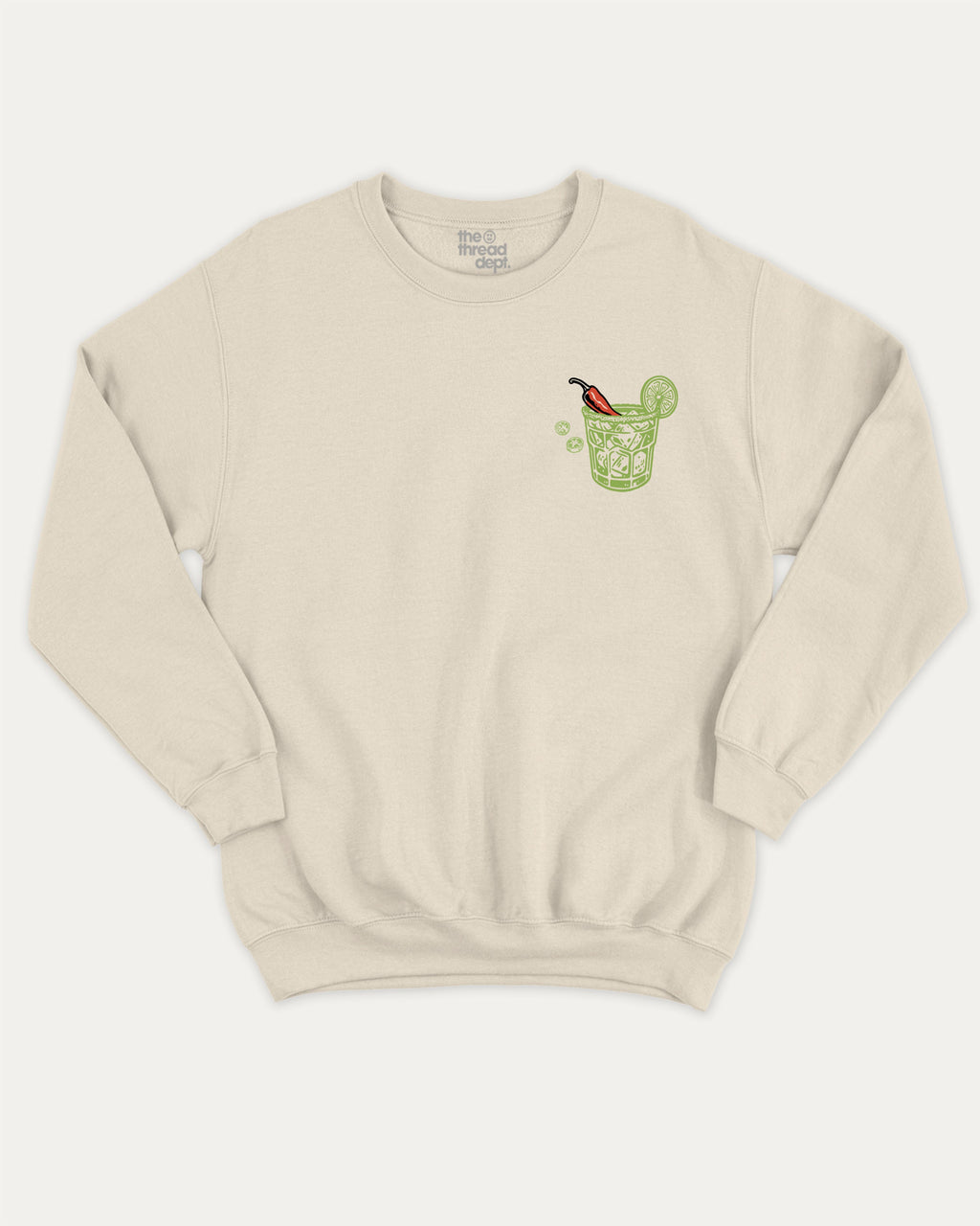 Spicy Margarita Cocktail Club graphic sweatshirt with vintage marg cocktail print, warm and cozy graphic for everyday wear. Perfect for adults and gift-giving. Natural pullover.