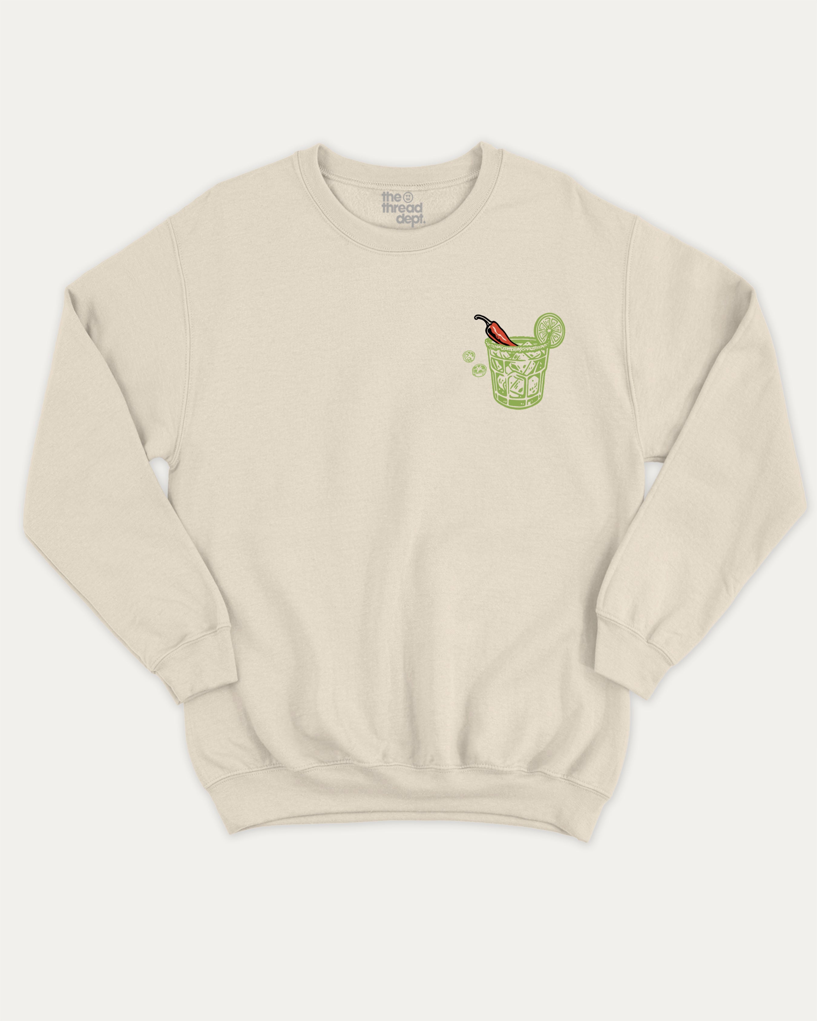 Spicy Margarita Cocktail Club graphic sweatshirt with vintage marg cocktail print, warm and cozy graphic for everyday wear. Perfect for adults and gift-giving. Natural pullover.
