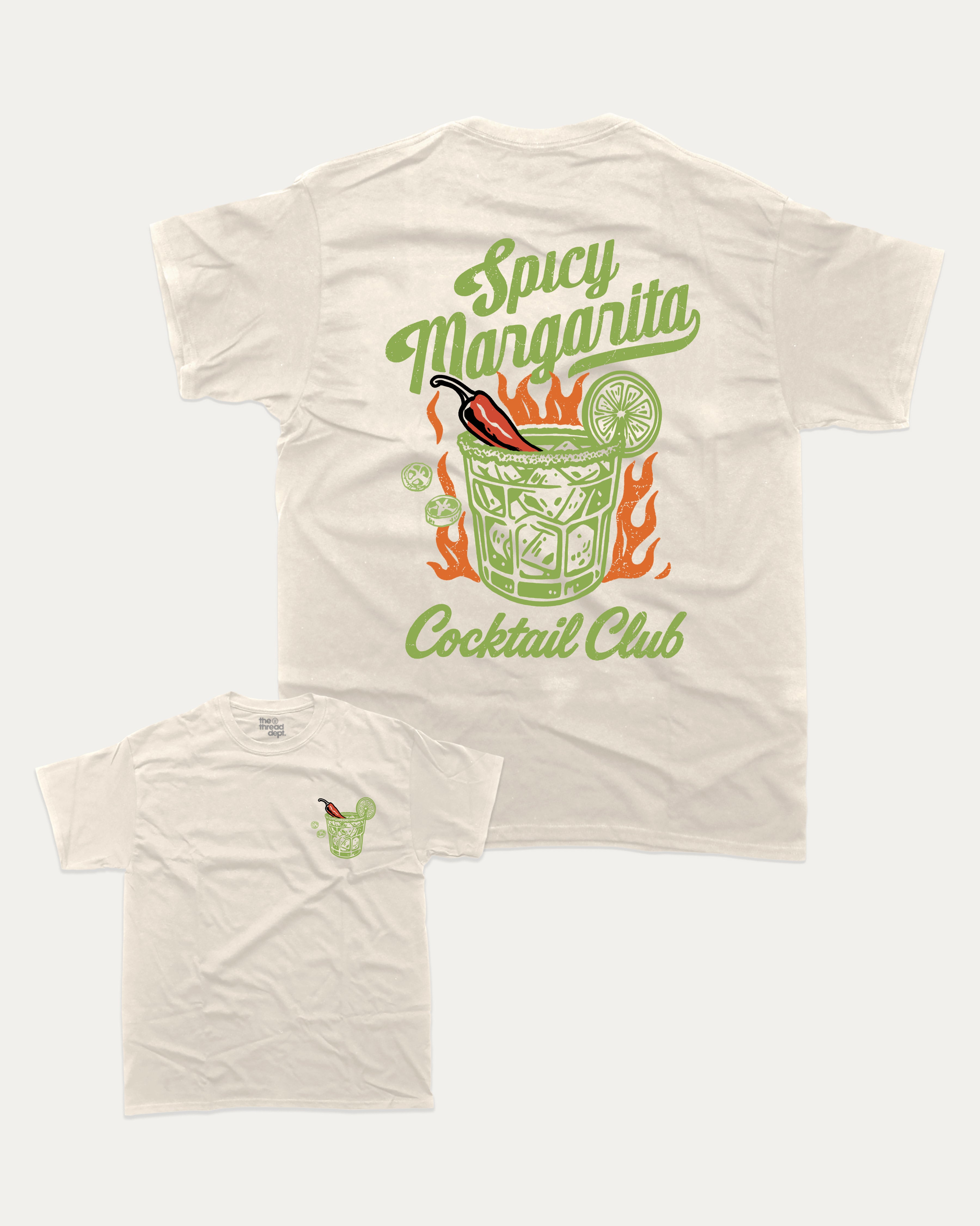 Spicy Margarita Cocktail Club graphic tee with vintage marg cocktail print, funny and trendy graphic. Perfect for adults and gift-giving. Cream shirt.