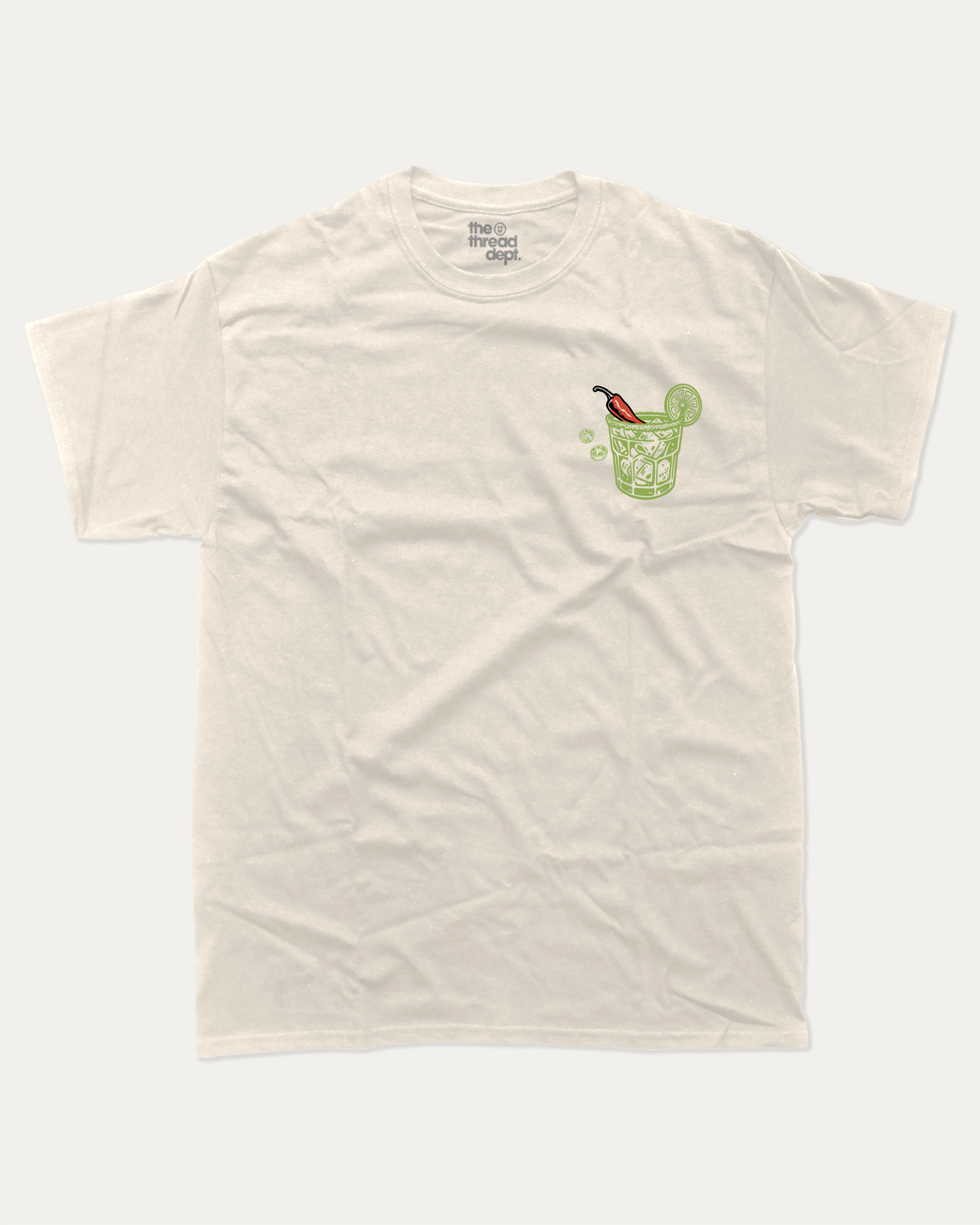 Spicy Margarita Cocktail Club graphic tee with vintage marg cocktail print, funny and trendy graphic. Perfect for adults and gift-giving. Cream shirt.