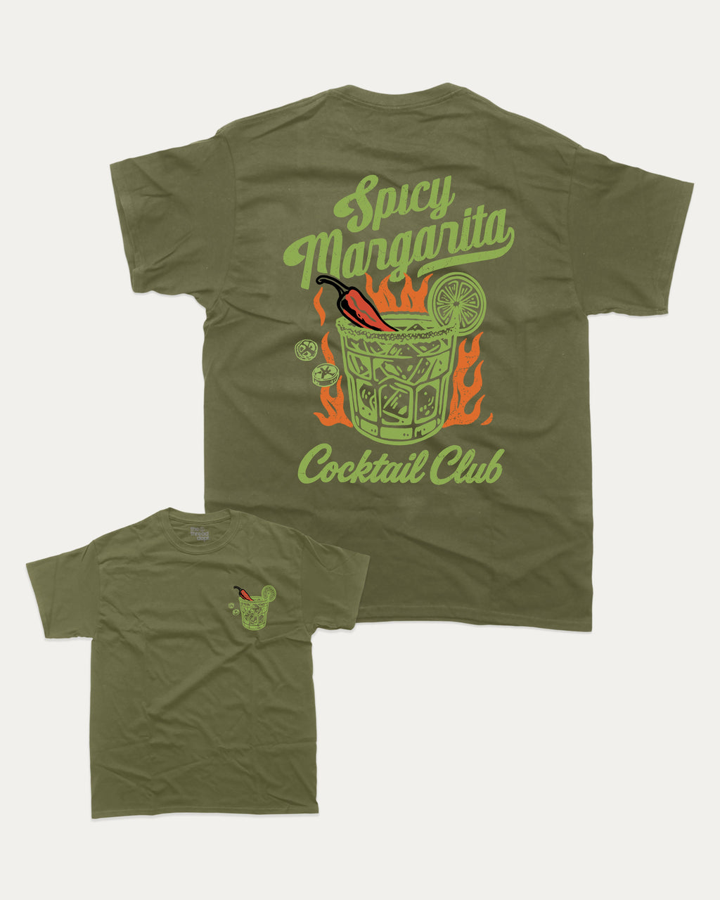 Spicy Margarita Cocktail Club graphic tee with vintage marg cocktail print, funny and trendy graphic. Perfect for adults and gift-giving. Military Green shirt.