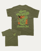 Spicy Margarita Cocktail Club graphic tee with vintage marg cocktail print, funny and trendy graphic. Perfect for adults and gift-giving. Military Green shirt.