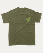 Spicy Margarita Cocktail Club graphic tee with vintage marg cocktail print, funny and trendy graphic. Perfect for adults and gift-giving. Military Green shirt.