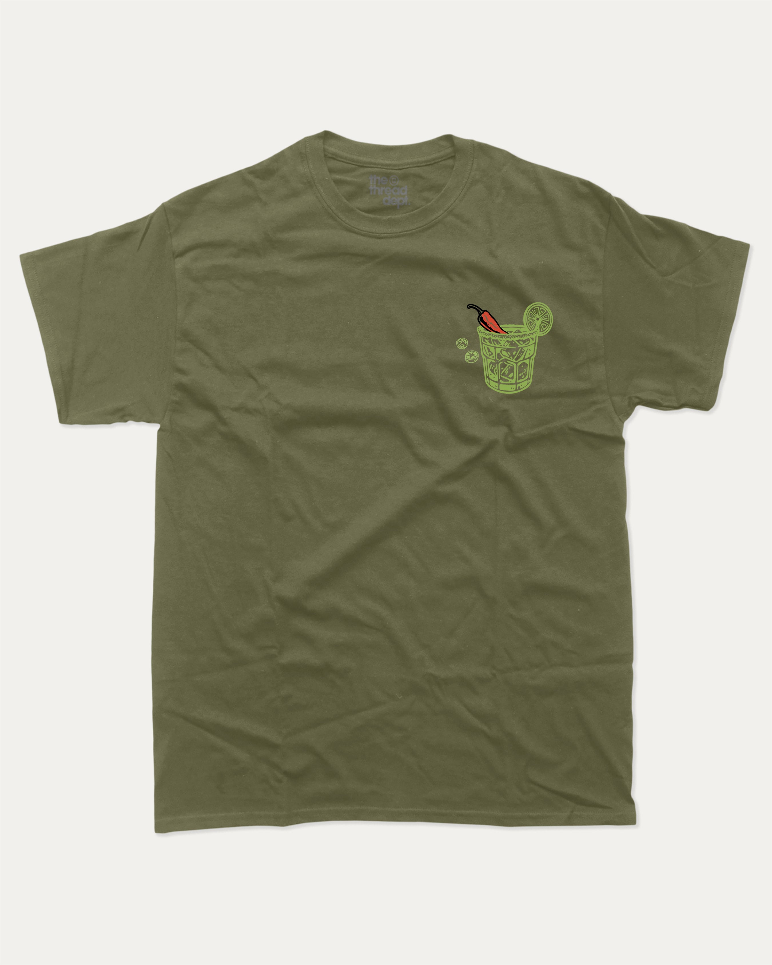 Spicy Margarita Cocktail Club graphic tee with vintage marg cocktail print, funny and trendy graphic. Perfect for adults and gift-giving. Military Green shirt.