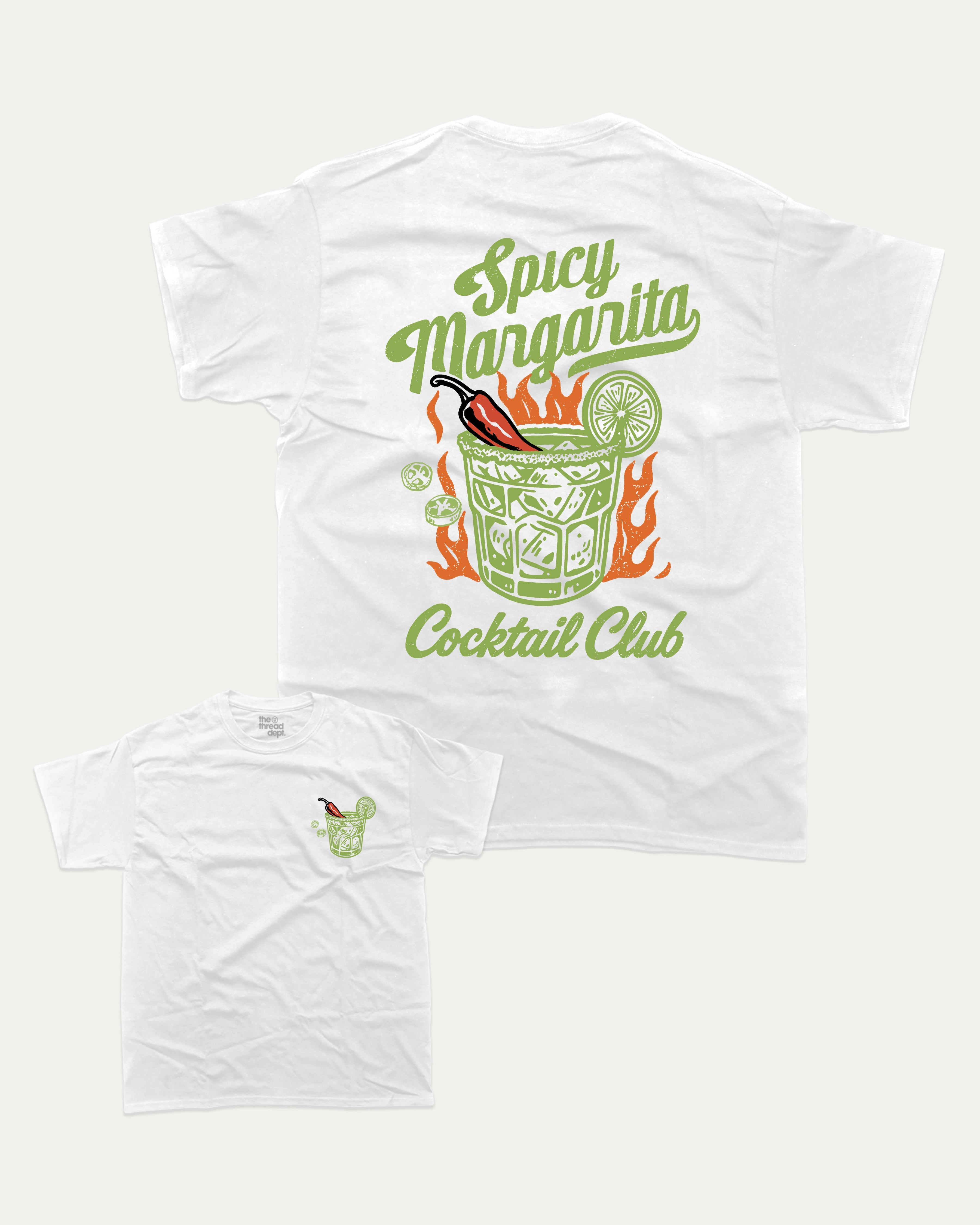 Spicy Margarita Cocktail Club graphic tee with vintage marg cocktail print, funny and trendy graphic. Perfect for adults and gift-giving. White shirt.