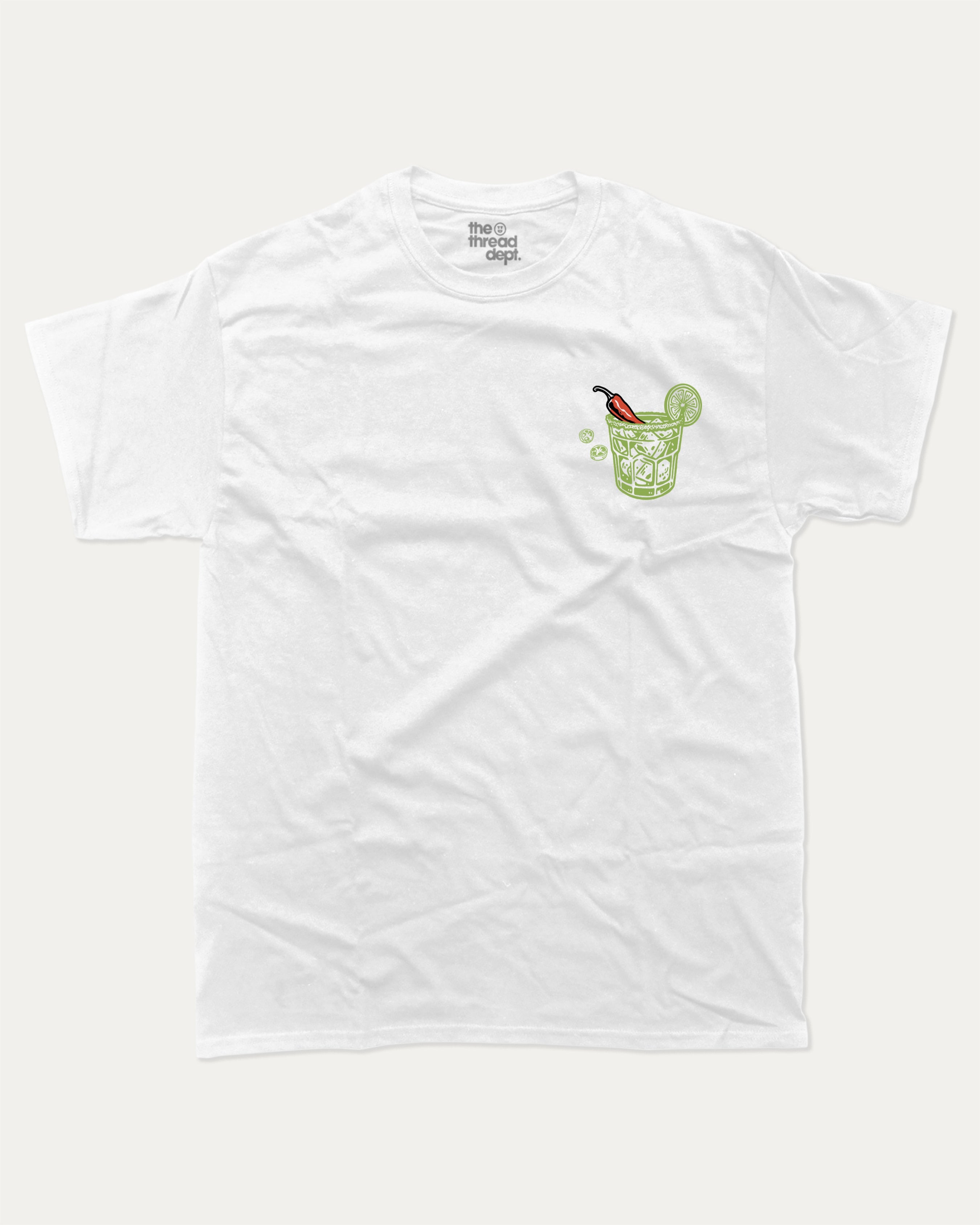 Spicy Margarita Cocktail Club graphic tee with vintage marg cocktail print, funny and trendy graphic. Perfect for adults and gift-giving. White shirt.
