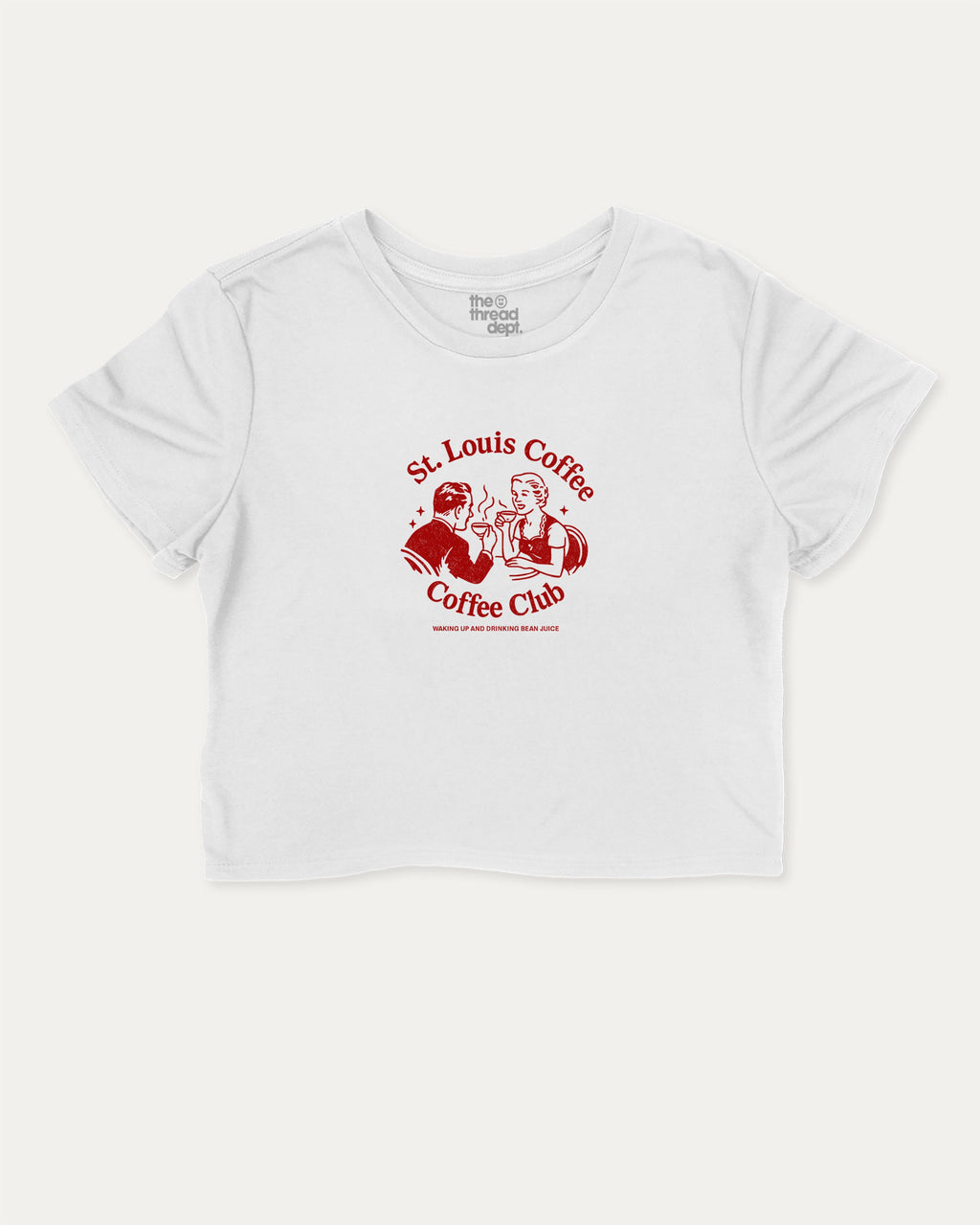 St. Louis Coffee Club graphic crop tee with funny and trendy slogan print, perfect for women_ casual looks or layering. Coffee lover cropped tee perfect gift for cofee lover, caffein lover graphic crop tee, State Graphic cropped tee, Saint Louis Graphic Women Crop tee,   White crop t-shirt.