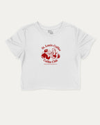 St. Louis Coffee Club graphic crop tee with funny and trendy slogan print, perfect for women_ casual looks or layering. Coffee lover cropped tee perfect gift for cofee lover, caffein lover graphic crop tee, State Graphic cropped tee, Saint Louis Graphic Women Crop tee,   White crop t-shirt.