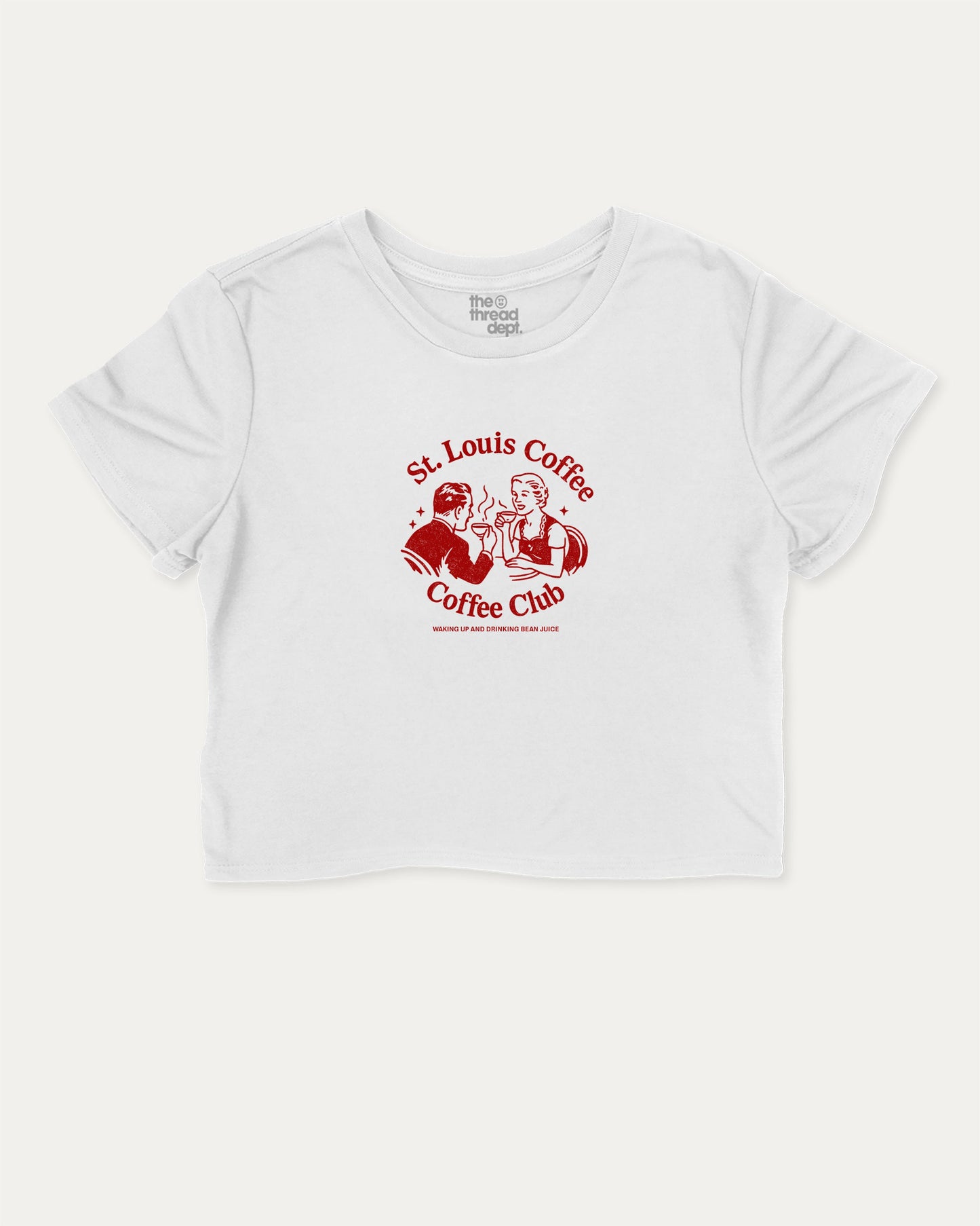 St. Louis Coffee Club graphic crop tee with funny and trendy slogan print, perfect for women’s casual looks or layering. Coffee lover cropped tee perfect gift for cofee lover, caffein lover graphic crop tee, State Graphic cropped tee, Saint Louis Graphic Women Crop tee,   White crop t-shirt.