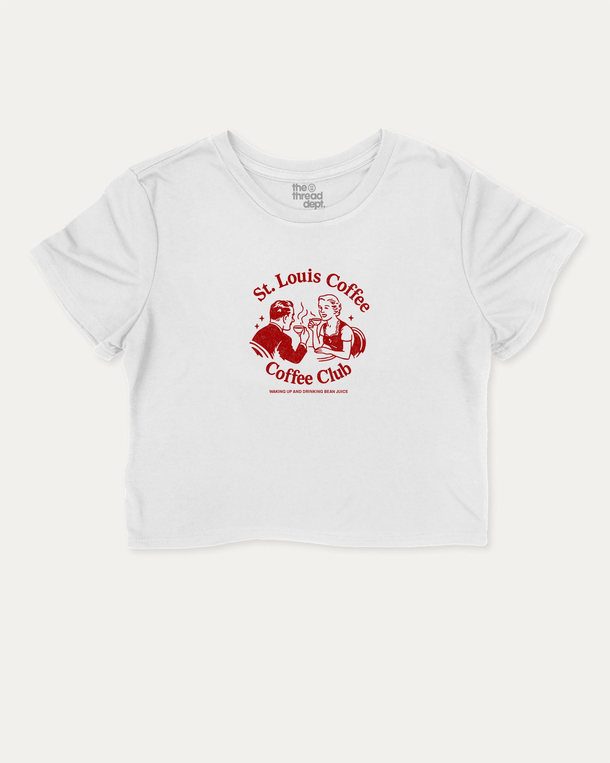 St. Louis Coffee Club graphic crop tee with funny and trendy slogan print, perfect for women’s casual looks or layering. Coffee lover cropped tee perfect gift for cofee lover, caffein lover graphic crop tee, State Graphic cropped tee, Saint Louis Graphic Women Crop tee,   White crop t-shirt.