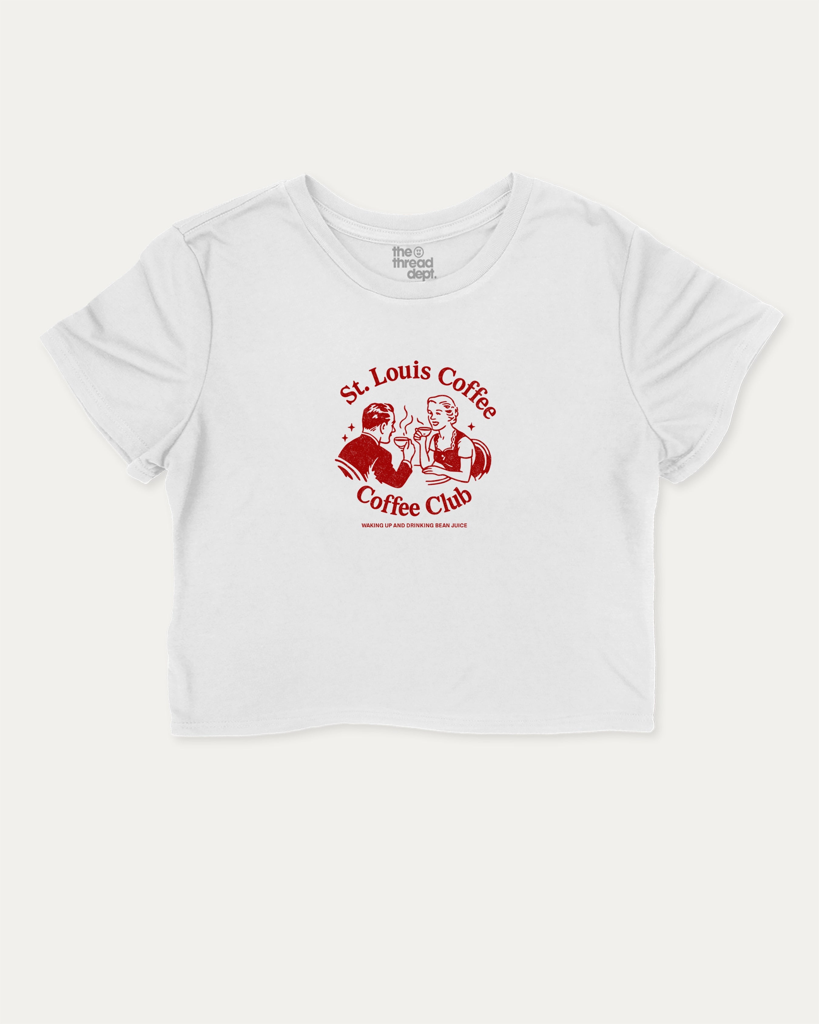 St. Louis Coffee Club graphic crop tee with funny and trendy slogan print, perfect for women_ casual looks or layering. Coffee lover cropped tee perfect gift for cofee lover, caffein lover graphic crop tee, State Graphic cropped tee, Saint Louis Graphic Women Crop tee,   White crop t-shirt.