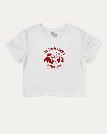 St. Louis Coffee Club graphic crop tee with funny and trendy slogan print, perfect for women’s casual looks or layering. Coffee lover cropped tee perfect gift for cofee lover, caffein lover graphic crop tee, State Graphic cropped tee, Saint Louis Graphic Women Crop tee,   White crop t-shirt.