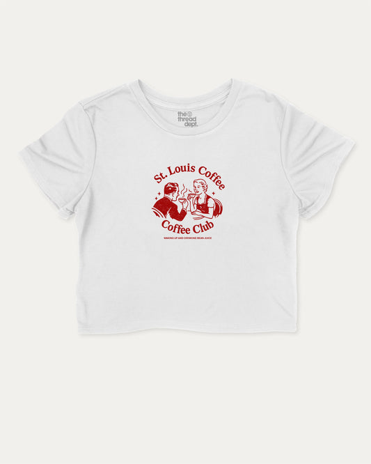 St. Louis Coffee Club graphic crop tee with funny and trendy slogan print, perfect for women’s casual looks or layering. Coffee lover cropped tee perfect gift for cofee lover, caffein lover graphic crop tee, State Graphic cropped tee, Saint Louis Graphic Women Crop tee,   White crop t-shirt.