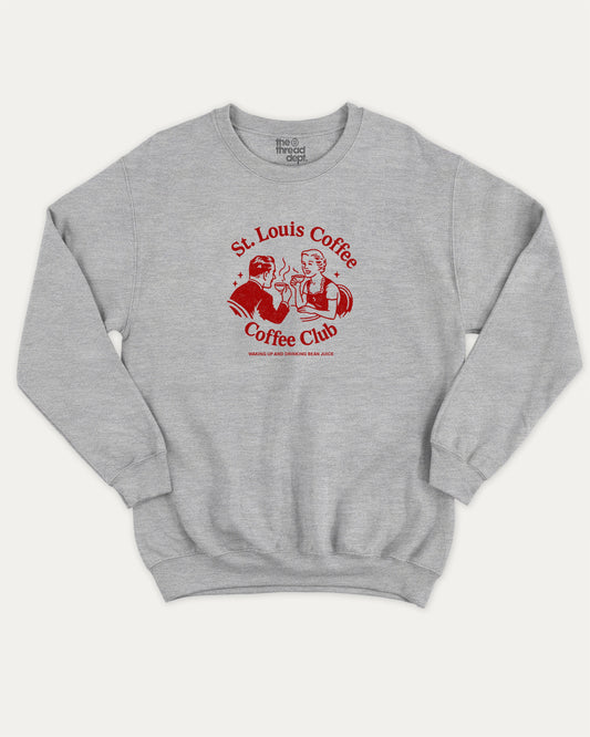 St. Louis Coffee Club graphic sweatshirt with bold and humorous print, warm and cozy graphic for everyday wear. Coffee lover sweatshirt, perfect gift for cofee lover, caffein lover graphic sweatshirt, State Graphic sweatshirt,, Saint Louis sweatshirt,,  Perfect for adults and gift-giving. Heather Grey pullover.
