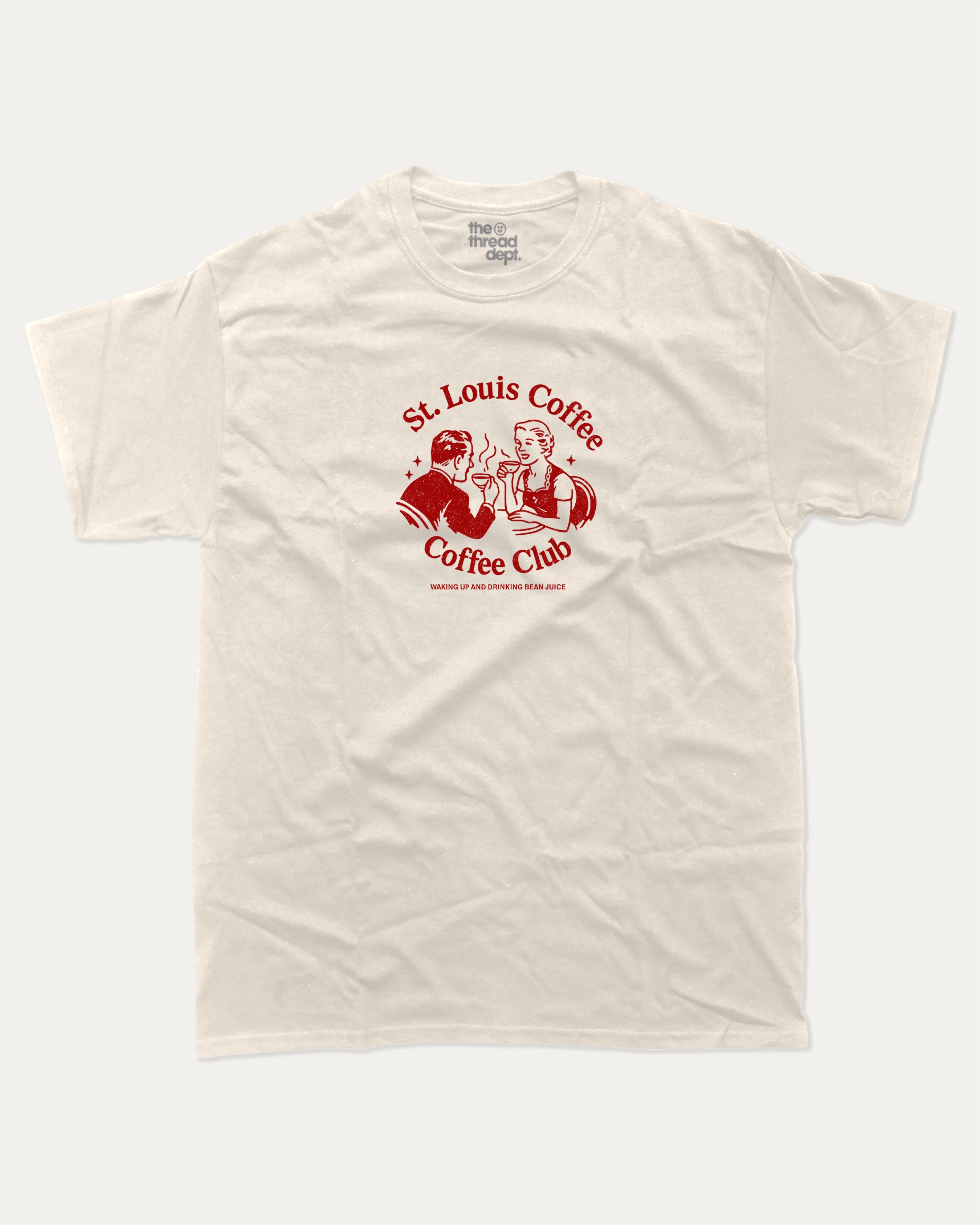 St. Louis Coffee Club graphic tee with bold and humorous print, funny and trendy graphic. Coffee lover t shirt, perfect gift for cofee lover, caffein lover graphic t shirt, State Graphic T shirt, Saint Louis t shirt,  Perfect for adults and gift-giving. Cream shirt.