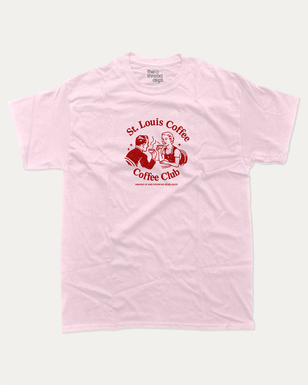 St. Louis Coffee Club graphic tee with bold and humorous print, funny and trendy graphic. Coffee lover t shirt, perfect gift for cofee lover, caffein lover graphic t shirt, State Graphic T shirt, Saint Louis t shirt,  Perfect for adults and gift-giving. Pink shirt.