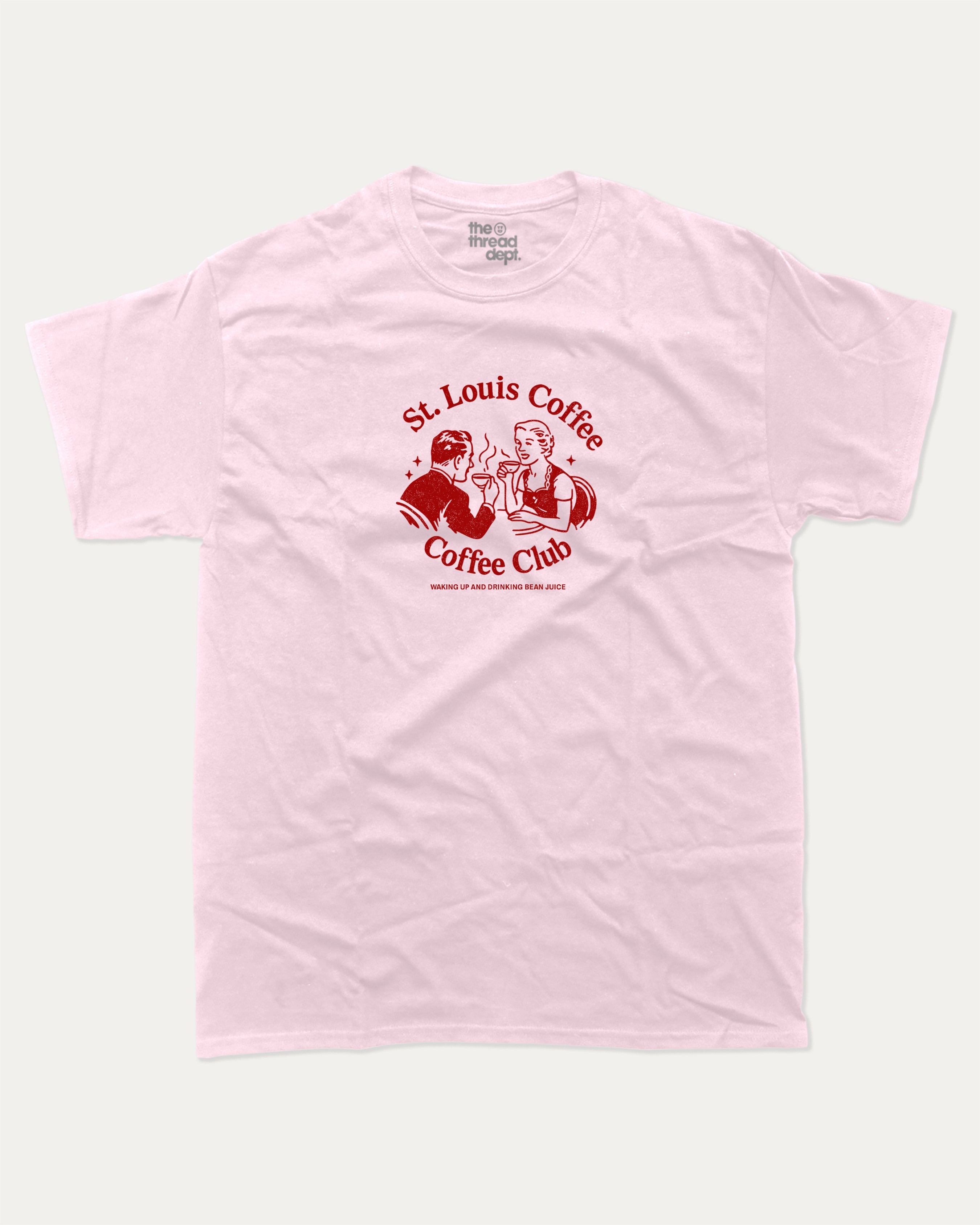 St. Louis Coffee Club graphic tee with bold and humorous print, funny and trendy graphic. Coffee lover t shirt, perfect gift for cofee lover, caffein lover graphic t shirt, State Graphic T shirt, Saint Louis t shirt,  Perfect for adults and gift-giving. Pink shirt.