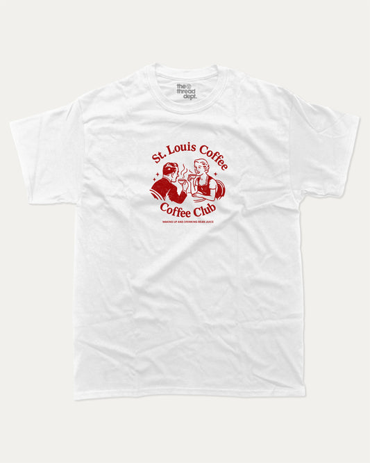 St. Louis Coffee Club graphic tee with bold and humorous print, funny and trendy graphic. Coffee lover t shirt, perfect gift for cofee lover, caffein lover graphic t shirt, State Graphic T shirt, Saint Louis t shirt,  Perfect for adults and gift-giving. White shirt.