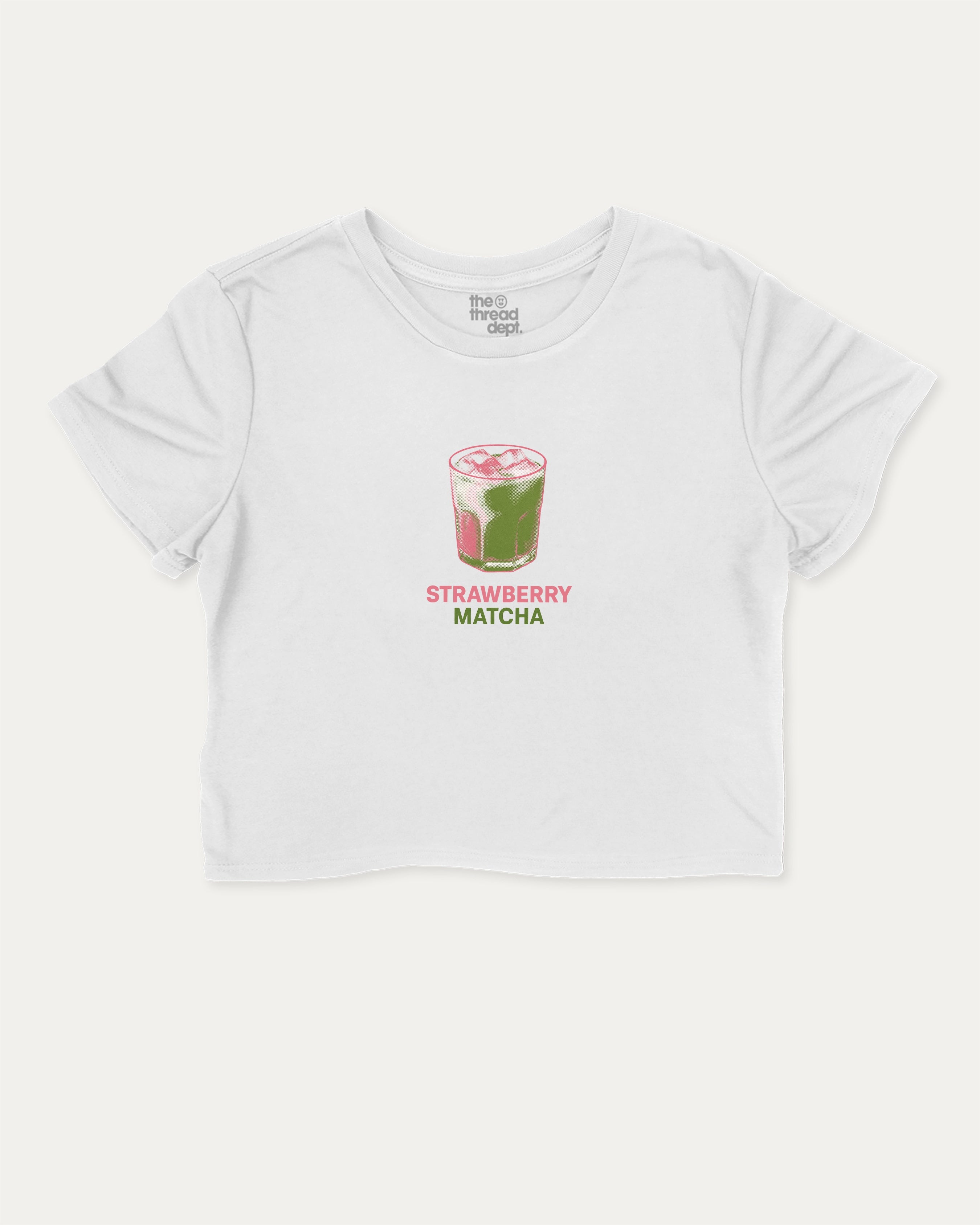 Strawberry Matcha graphic crop tee with retro matcha graphic, perfect for women’s casual looks or layering. White crop t-shirt.