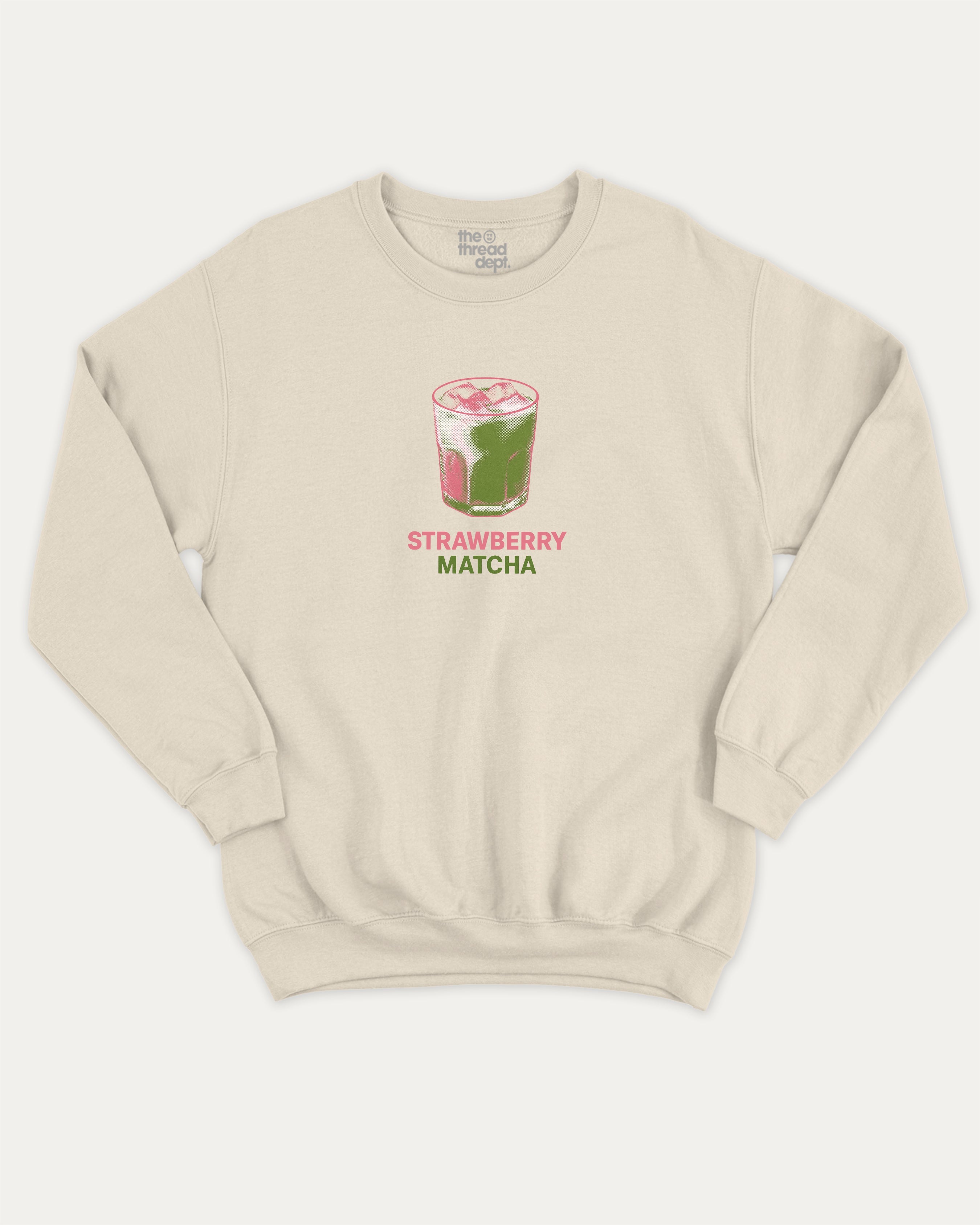 Strawberry Matcha graphic sweatshirt with retro matcha graphic, warm and cozy graphic for everyday wear. Perfect for adults and gift-giving. Natural pullover.