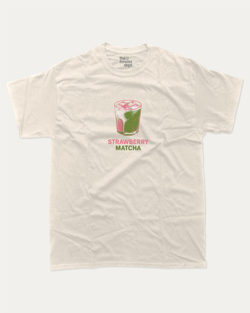 Strawberry Matcha graphic tee with retro matcha print, funny and trendy graphic. Perfect for adults and gift-giving. Cream shirt.